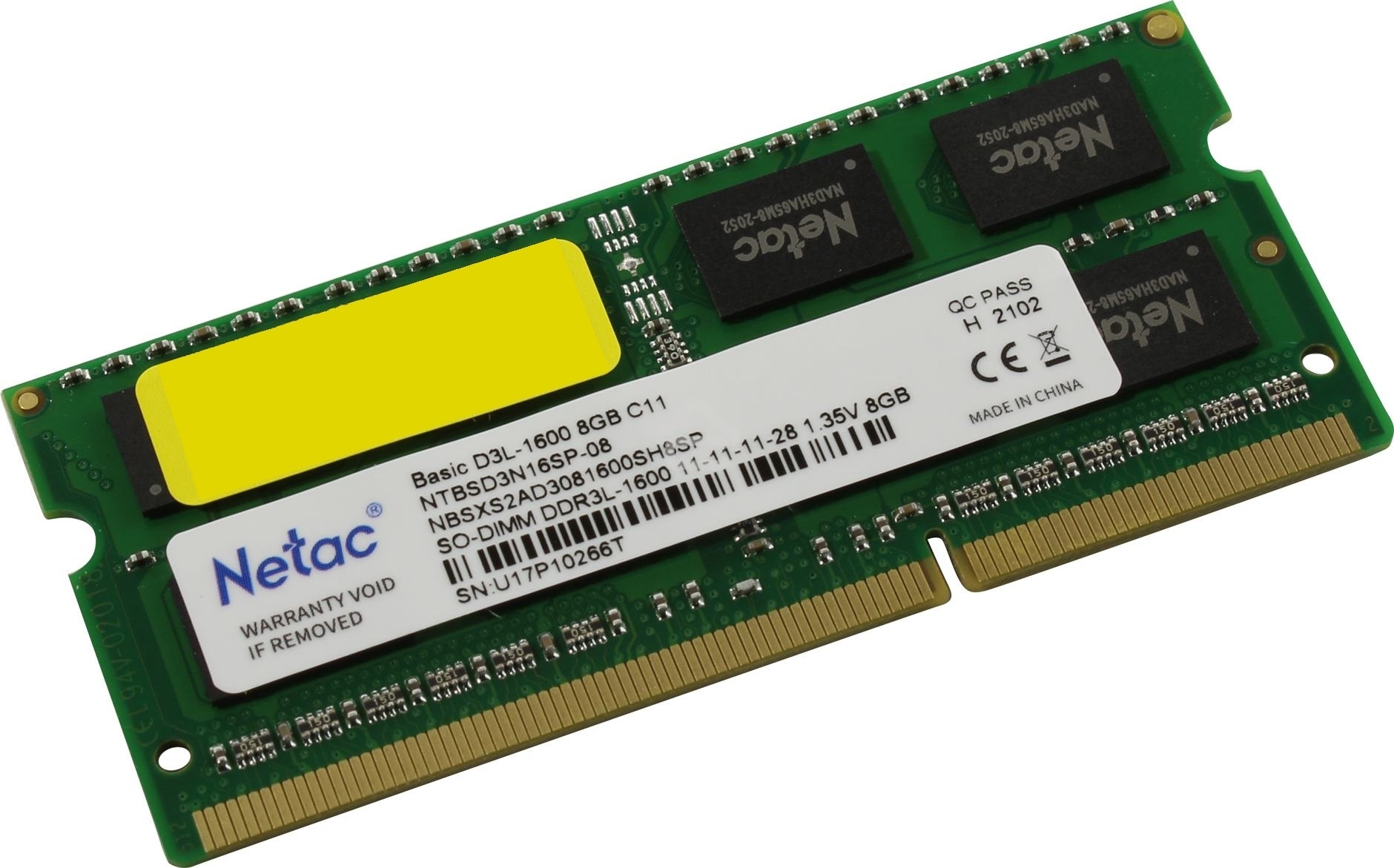 Оперативная память NETAC Basic, DDR3L, 8GB (1x8GB), 1600MHz, CL11, SO-DIMM