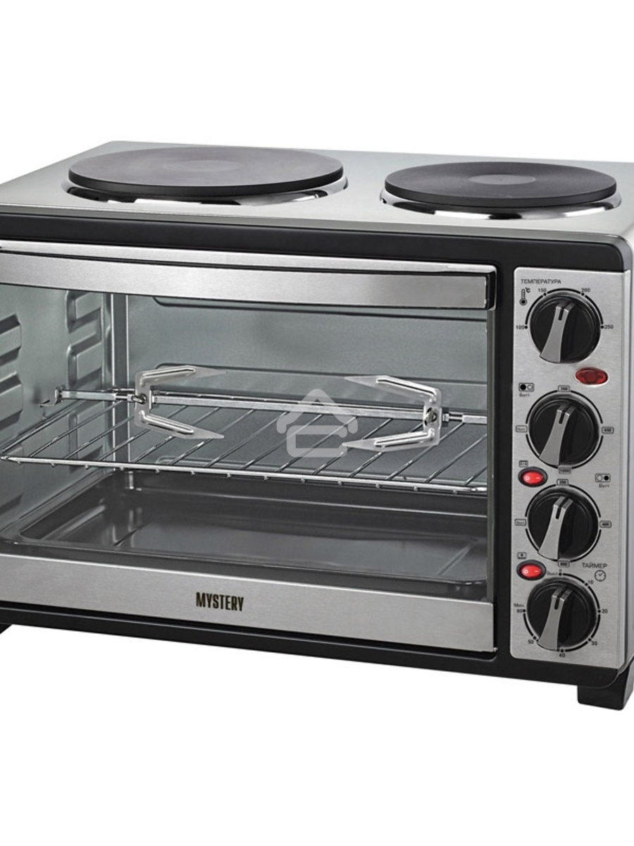 Мини-печь Mystery MOT-3330 (нержавеющая сталь, 1500 Вт, 2 конфорки, гриль, съемный вертел)