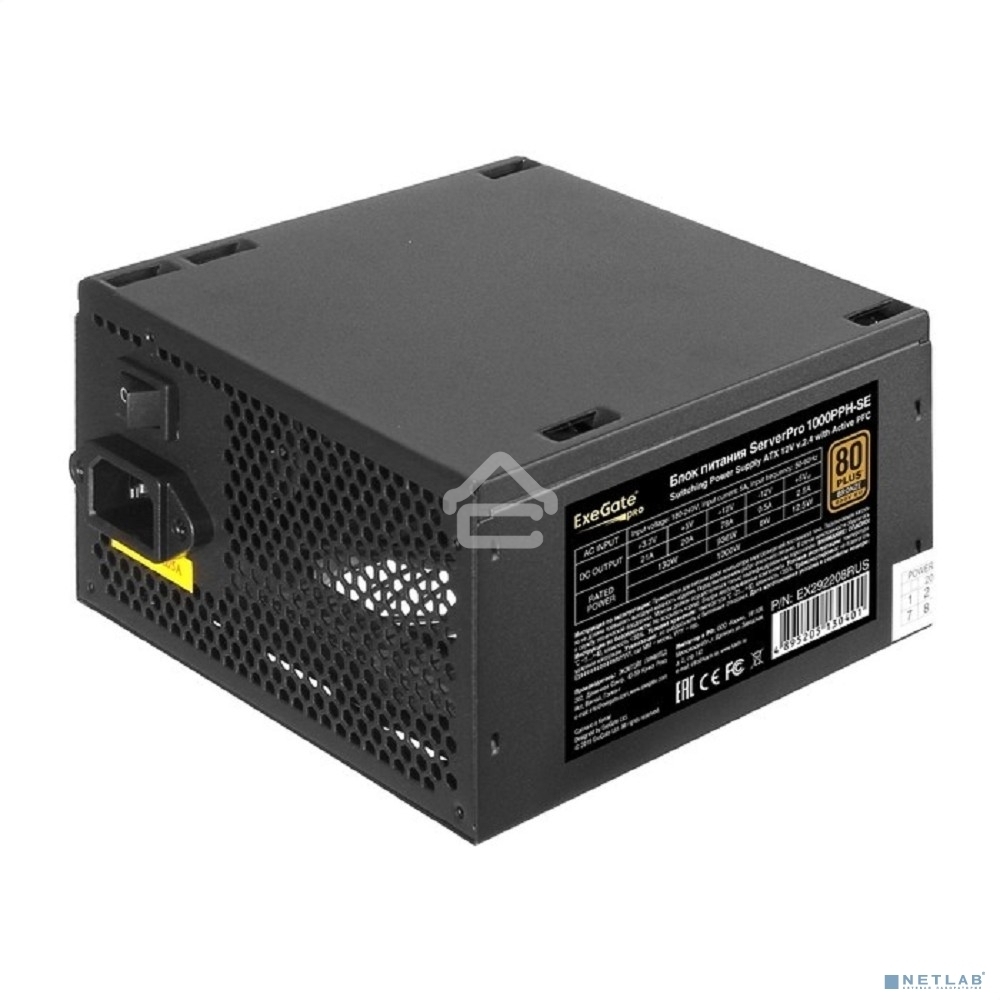 Блок питания серверный 1000W ExeGate EX292208RUS ServerPRO 80 PLUS Bronze, 1000PPH-SE (ATX, for 3U+ cases, APFC, КПД 89% (80 PLUS Bronze), 12cm fan, 24pin, 2x(4+4)p, 6xPCI-E, 8xSATA, 4xIDE, box, black)