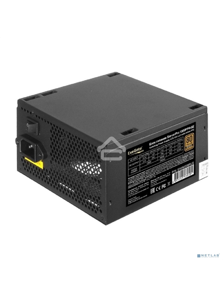 Серверный блок питания1000W ExeGate EX292208RUS ServerPRO 80 PLUS Bronze, 1000PPH-SE (ATX, for 3U+ cases, APFC, КПД 89% (80 PLUS Bronze), 12cm fan, 24pin, 2x(4+4)p, 6xPCI-E, 8xSATA, 4xIDE, box, black)