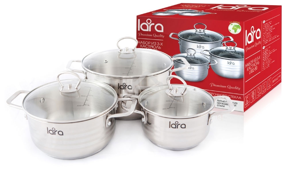 Набор кастрюль LARA LR02-80 Standart (1.8л + 3.1л + 5.7л) капсулированное индукционное дно, крышки