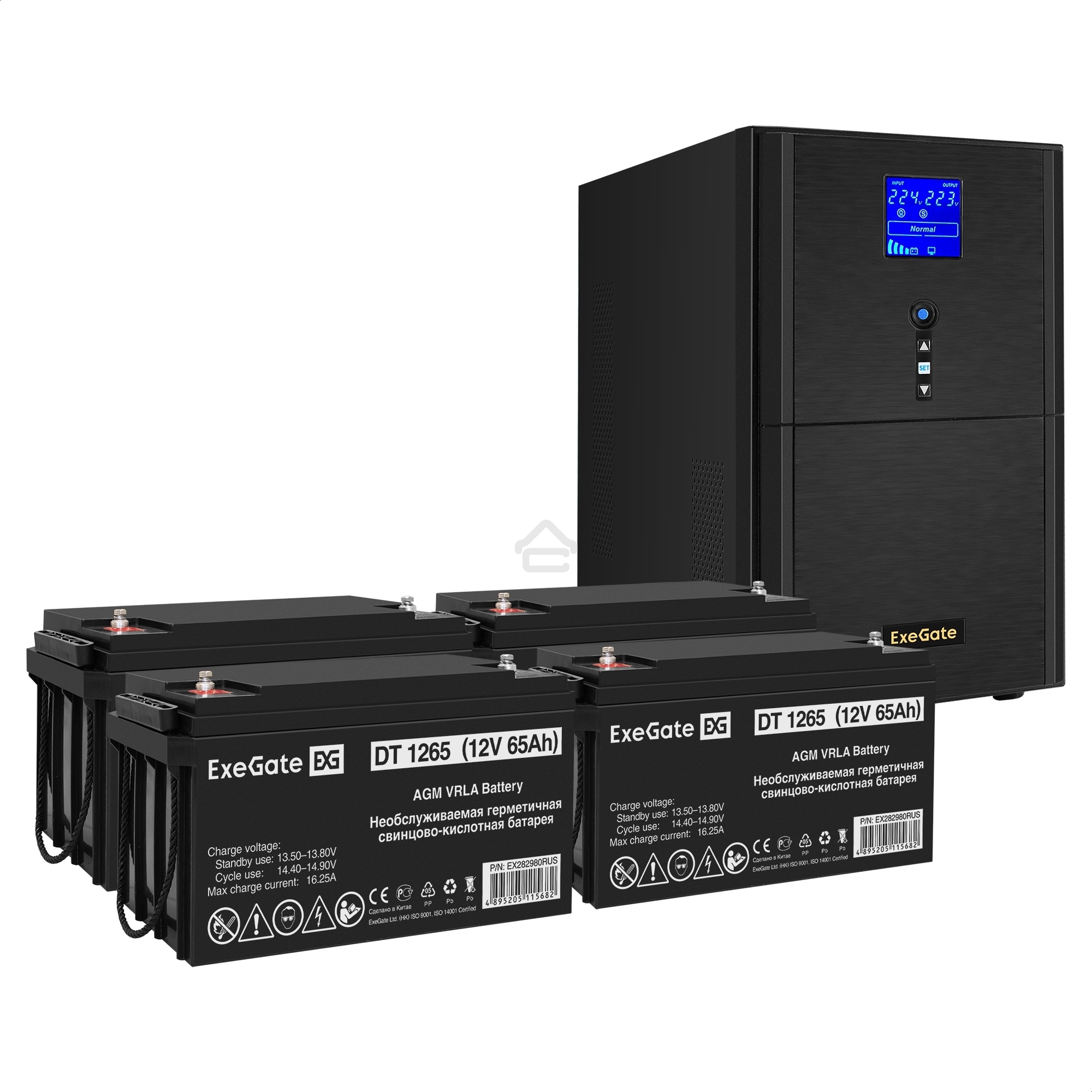 Комплект ИБП EX295991RUS + батарея 65Aч EX282980RUS 4шт (инвертор, синус, для котла) ExeGate SineTower SZ-5000.LCD.AVR.2SH.1C13.T.RJ.USB <5000VA/4000W, чистый синусоида, LCD дисплей, AVR, 2*Schuko+1*C13+клеммы, RJ45/11, USB, линейно-интерактивный, Black> 