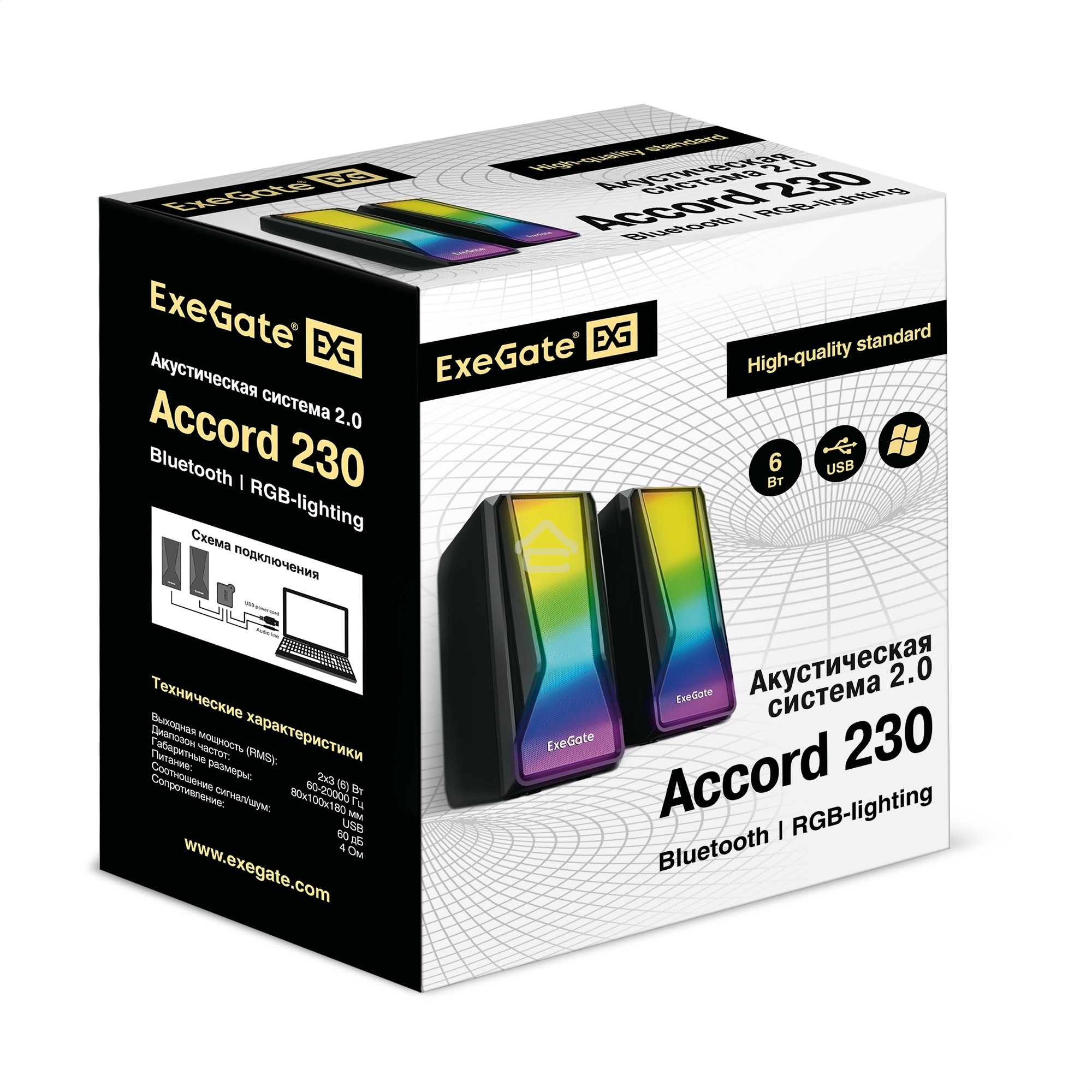 Акустическая система 2.0 ExeGate EX289687RUS Accord 230 (питание USB,Bluetooth, 2х3Вт (6Вт RMS), 60-20000Гц,  черный, RGB подсветка)