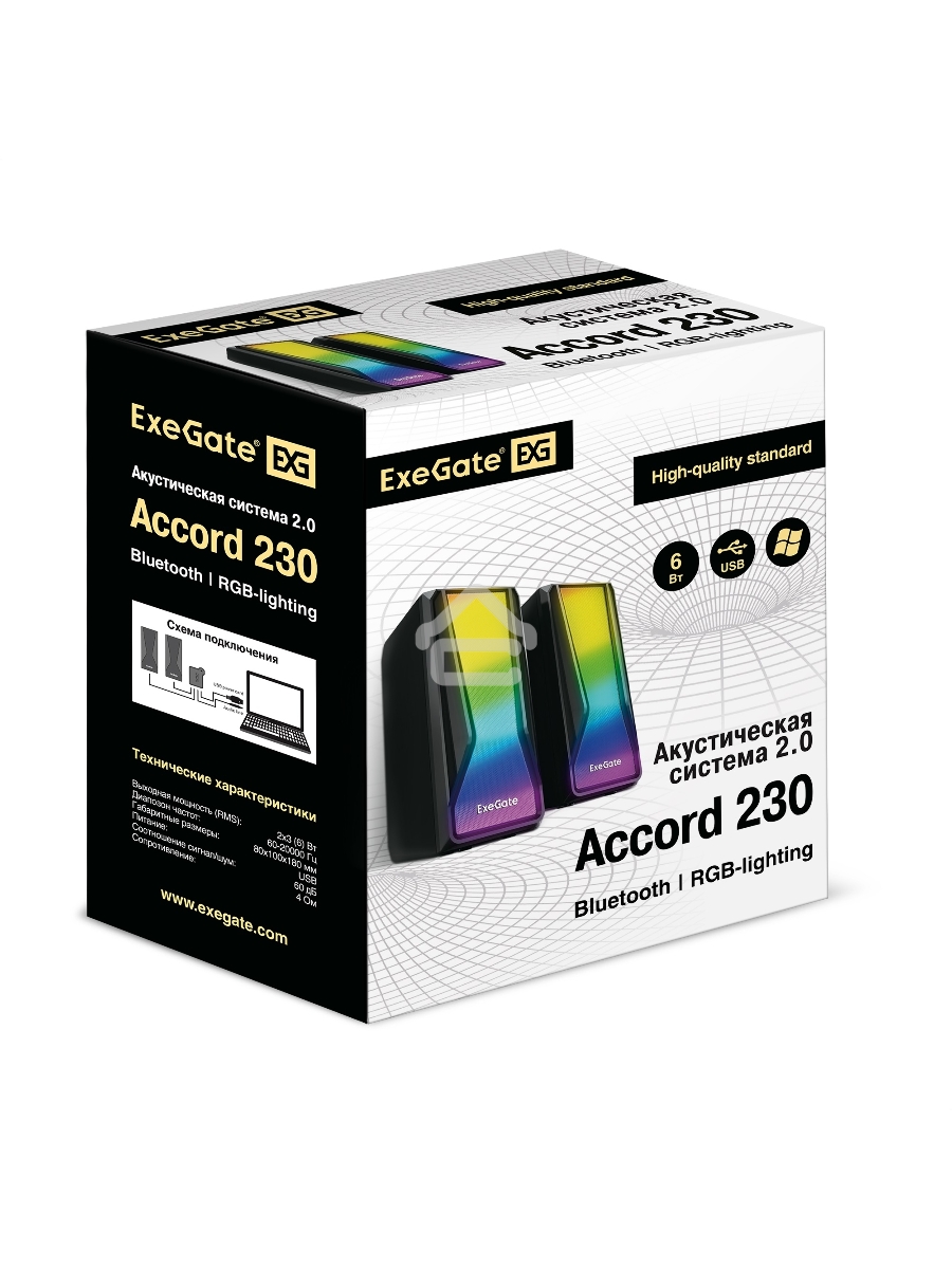 Акустическая система 2.0 ExeGate EX289687RUS Accord 230 (питание USB,Bluetooth, 2х3Вт (6Вт RMS), 60-20000Гц, цвет черный, RGB подсветка)