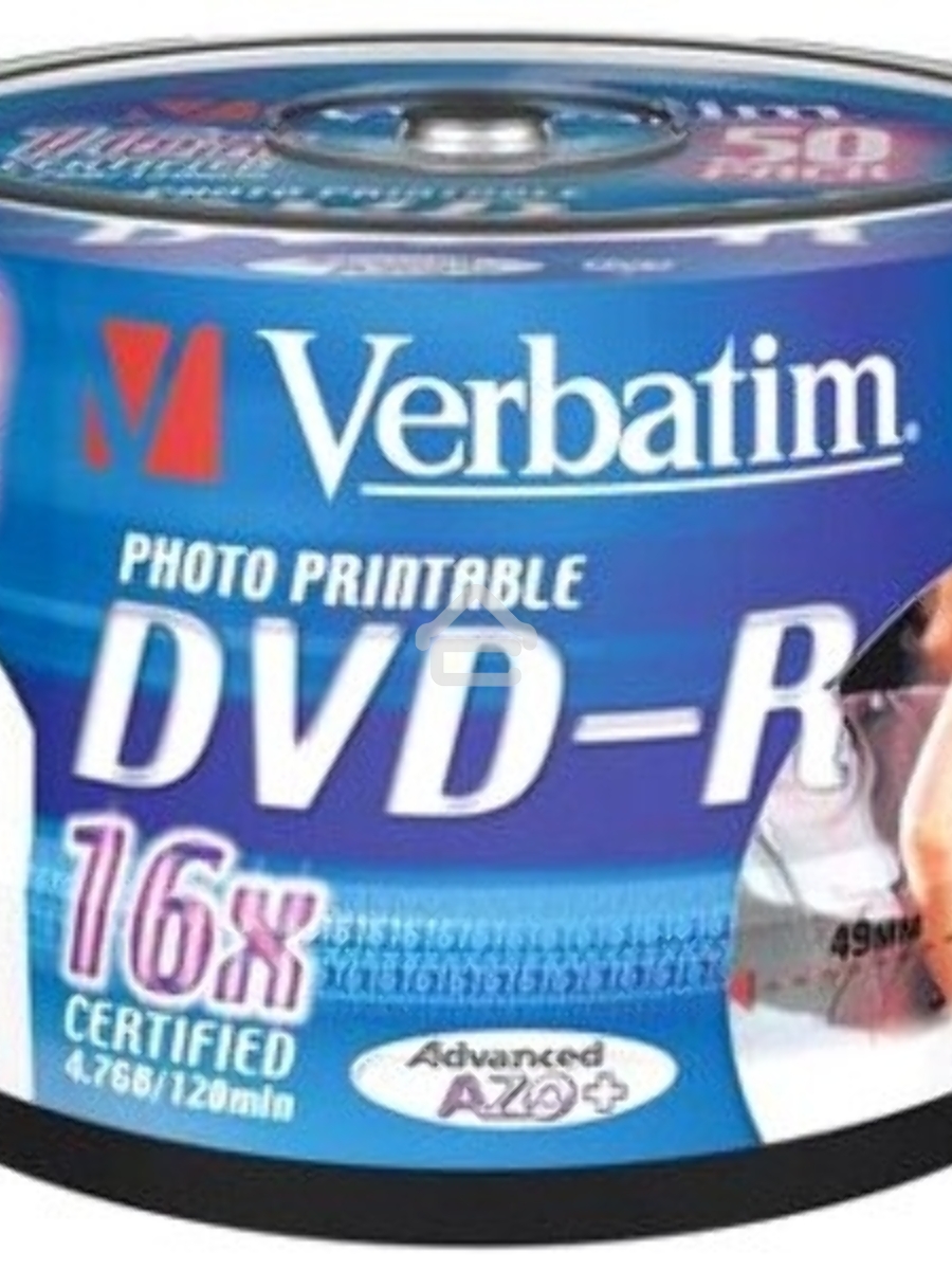 Диск DVD-R Verbatim 4.7Gb 16x Cake Box (50шт) Printable (43533)