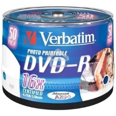 Диск DVD-R Verbatim 4.7Gb 16x Cake Box (50шт) Printable (43533)