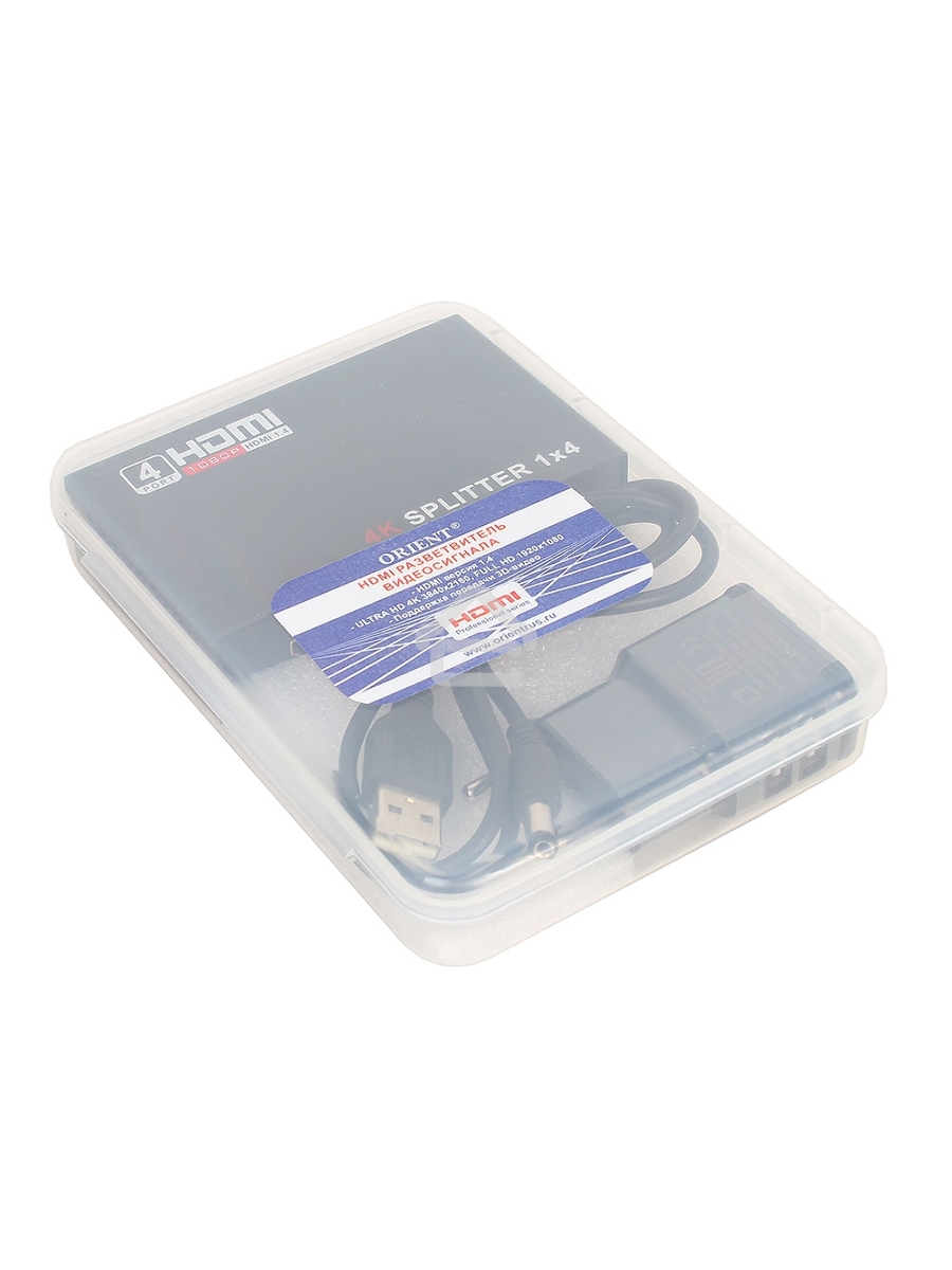 Разветвитель ORIENT HDMI 4K Splitter HSP0104HN, 1->4, HDMI 1.4/3D, UHDTV 4K(3840x2160)/HDTV1080p/1080i/720p, HDCP1.2, внешний БП-зарядник 2xUSB 5В/2.1A, метал.корпус (30368)