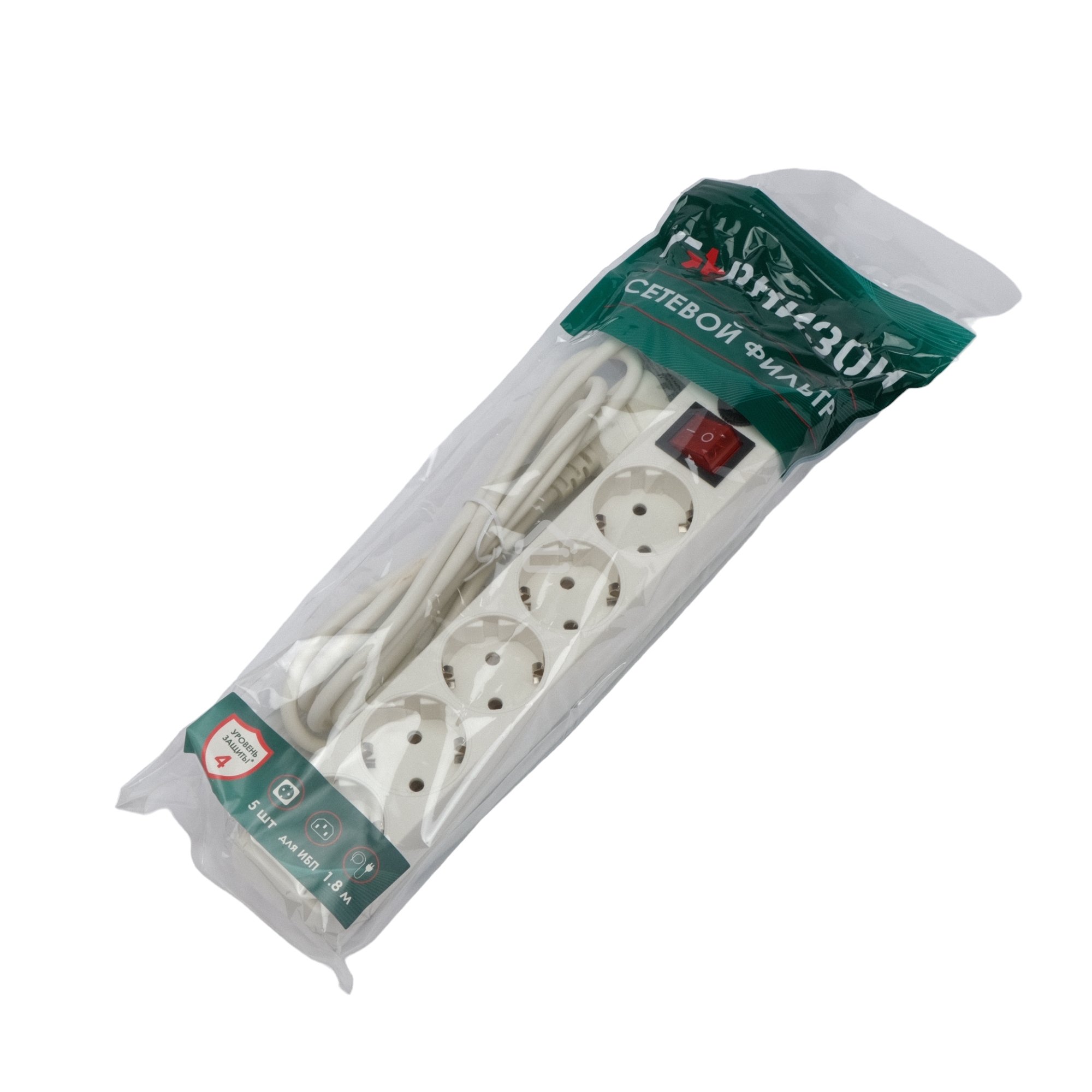 Сетевой фильтр Гарнизон для ИБП, 5 р, 10А, 1.8 м, ур.защиты 4, белый, пакет