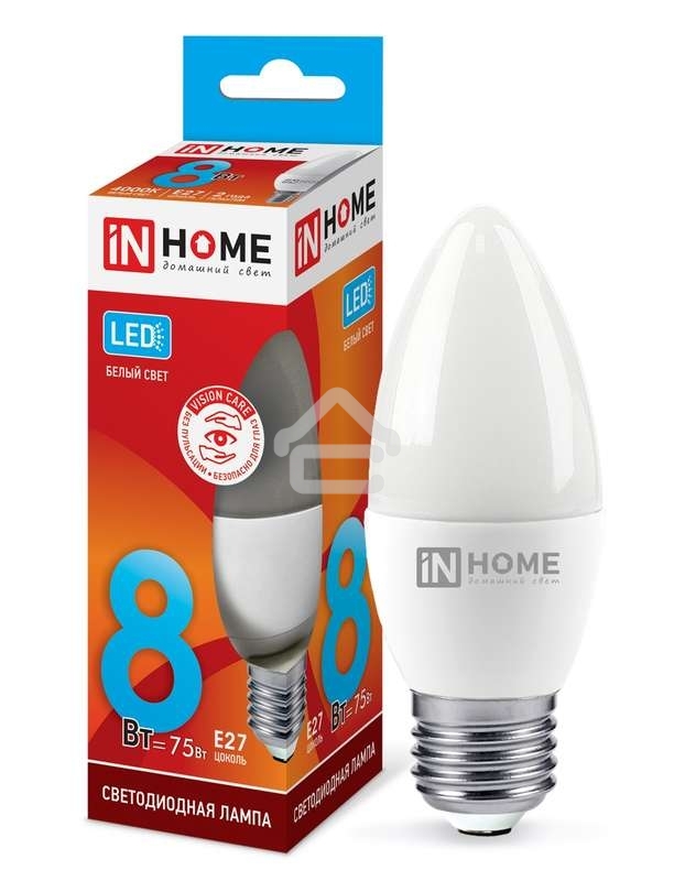 Лампа светодиодная LED-СВЕЧА-VC 8Вт 230В E27 4000К 720лм IN HOME 4690612020457