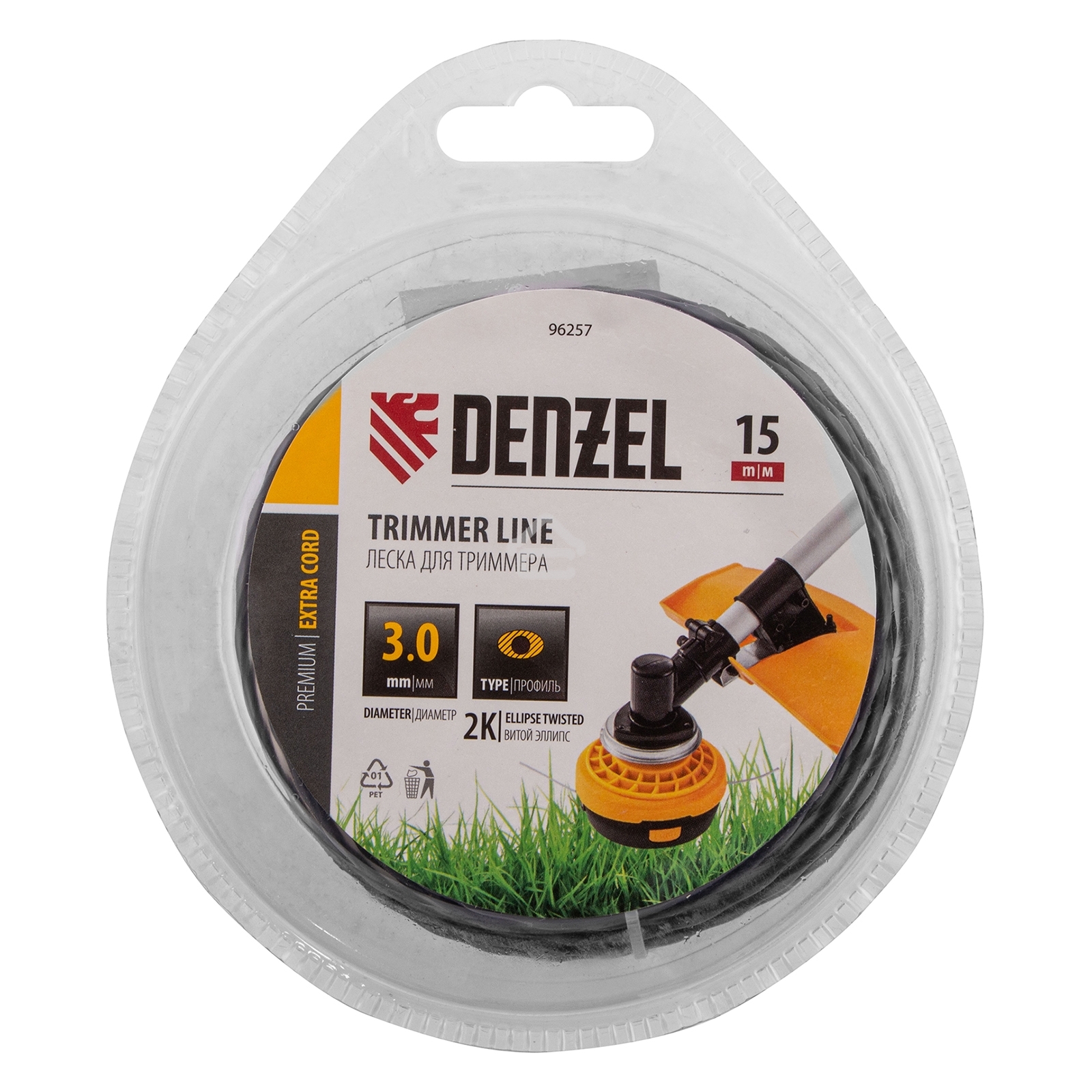 Леска для триммера двухкомпонентная эллипс, 3,0мм х 15м, блистер EXTRA CORD Denzel