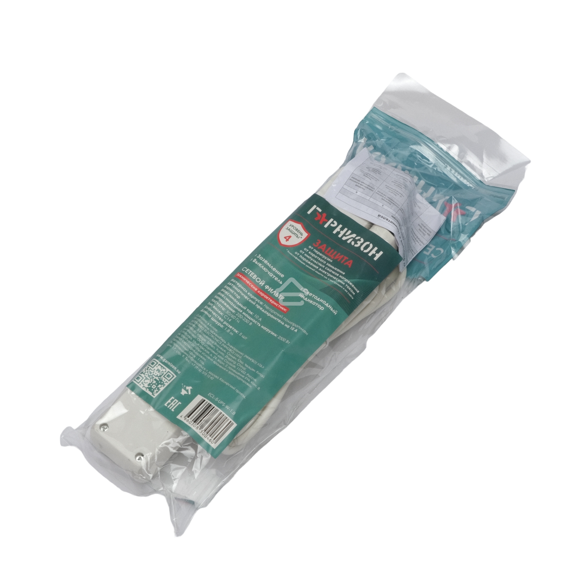 Сетевой фильтр Гарнизон для ИБП, 5 р, 10А, 1.8 м, ур.защиты 4, белый, пакет