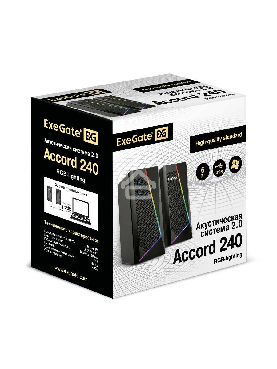 Акустическая система 2.0 ExeGate EX289688RUS Accord 240 (питание USB, 2х3Вт (6Вт RMS), 60-20000Гц, цвет черный, RGB подсветка)