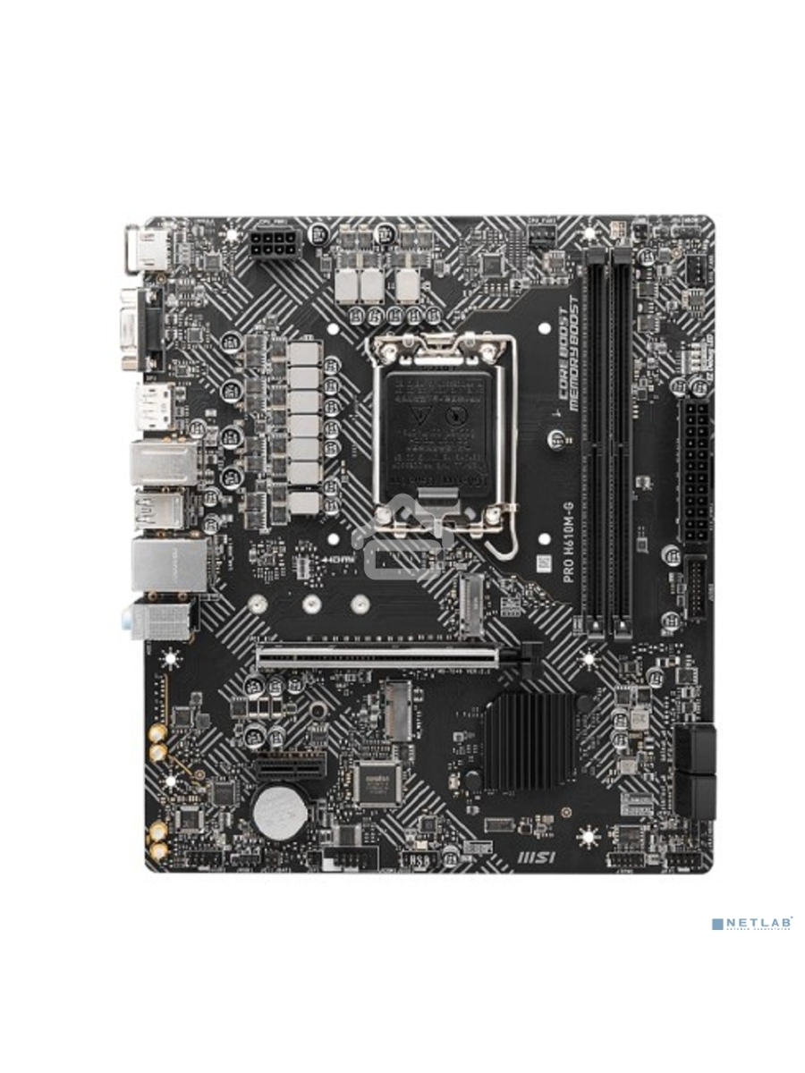 Материнская плата MSI PRO H610M-G, LGA 1700, Intel H610, 2xDDR5, 4xSATA, 1xM.2, 1xPCIe 4.0 x16, 1xPCIe 3.0 x1, 1xHDMI, 1xDP, 1xVGA, 1xRJ45 1Gb, 2xUSB-A 3.2 Gen 1, 4xUSB-A 2.0, 3x3.5мм, 7.1, mATX