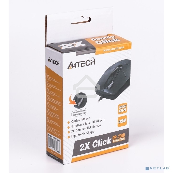 Мышь проводная A4Tech OP-730D черный, 1200 dpi, USB, кнопки - 4