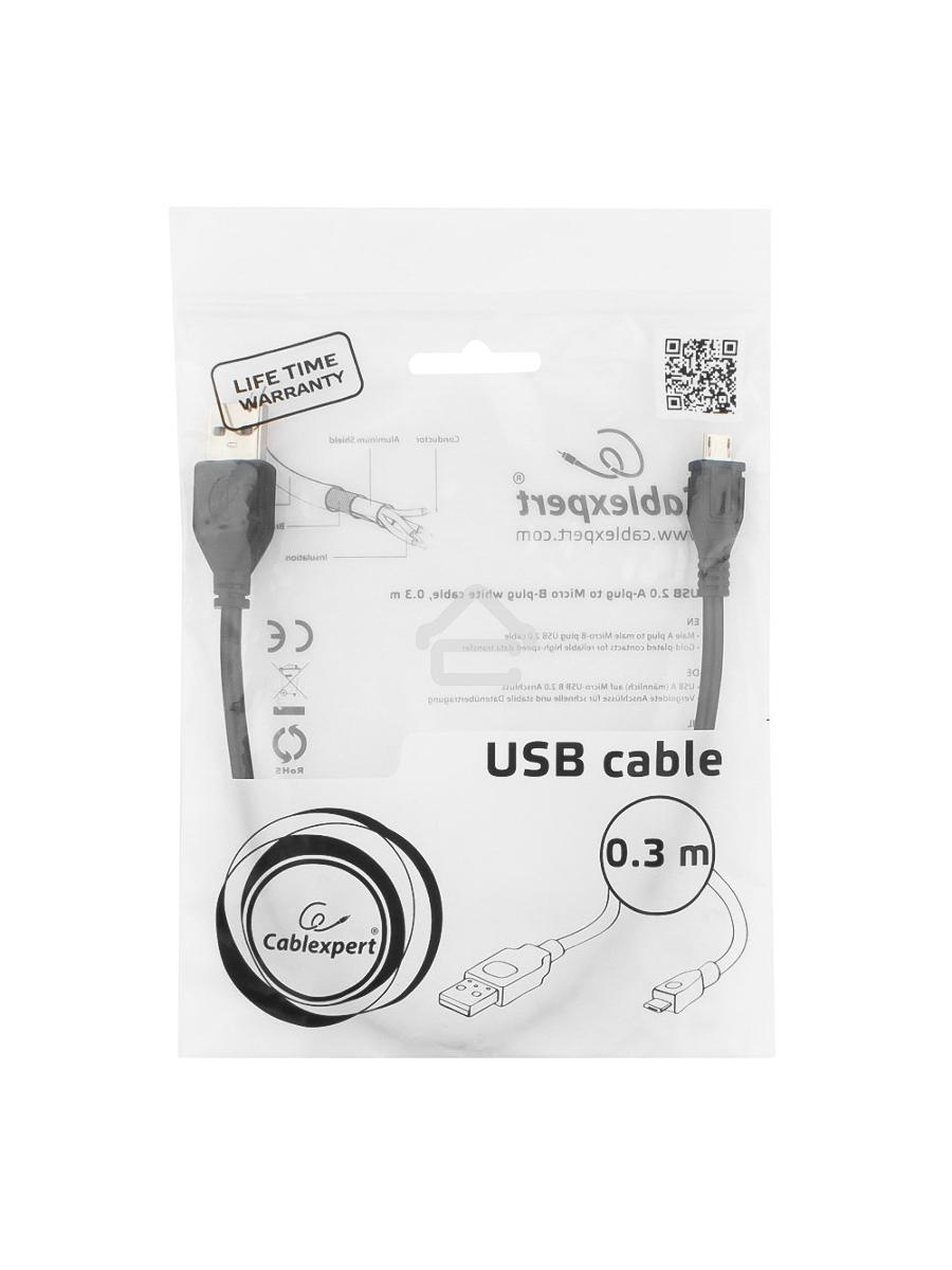 Кабель USB 2.0 Pro Gembird/Cablexpert AM/microBM 5P, 0.3м, экран, черный, пакет CCP-mUSB2-AMBM-0.3M