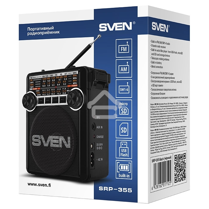 Радиоприемник АС SVEN SRP-355, черный (3 Вт, FM/AM/SW, USB, SD/microSD, фонарь, встроенный аккумулятор) АС SVEN SRP-355, черный (3 Вт, FM/AM/SW, USB, SD/microSD, фонарь, встроенный аккумулятор)