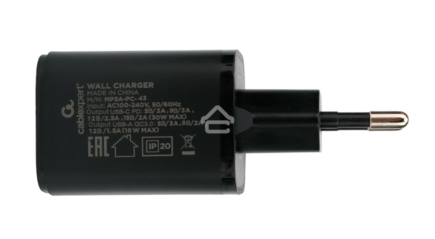 Зарядное устройство Cablexpert MP3A-PC-43, 30Вт, 3А, быстрая зарядка QC3.0/PD, 2 порта: USB и Type-C, черный, пакет