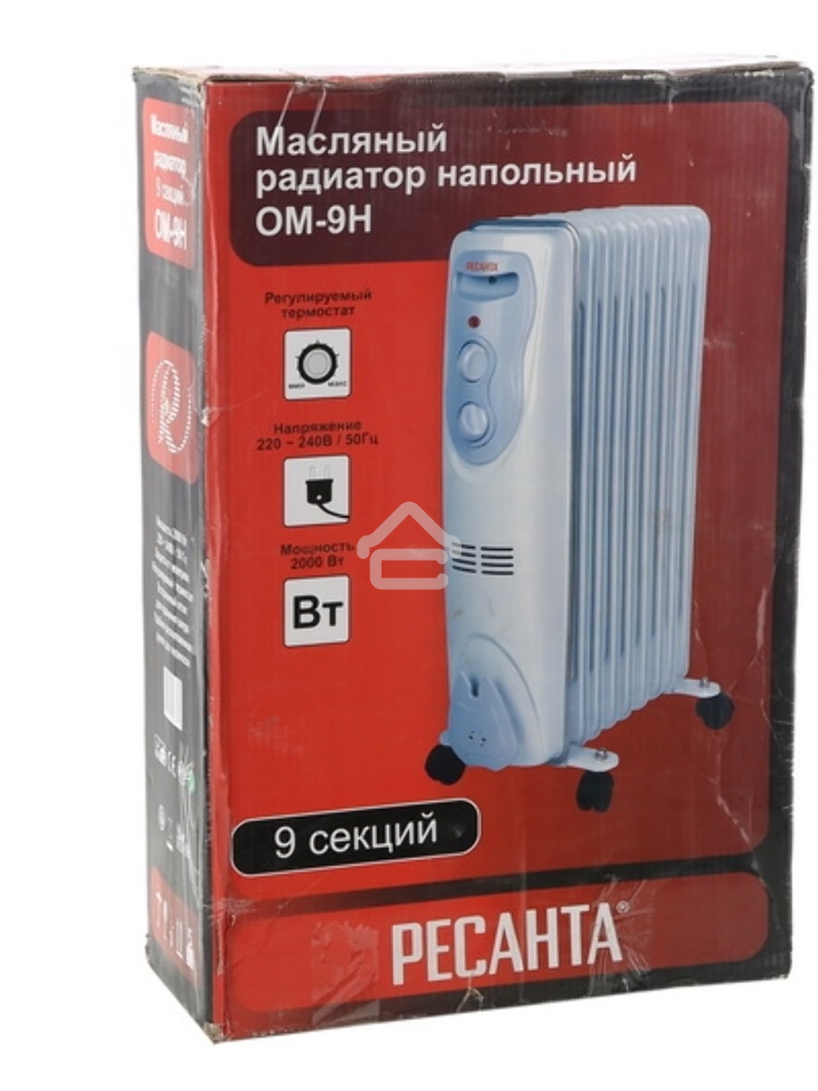 Масляный обогреватель Ресанта ОМ- 9Н (9 секций), белый, 2000 Вт, 20 м2, термостат 67/3/8
