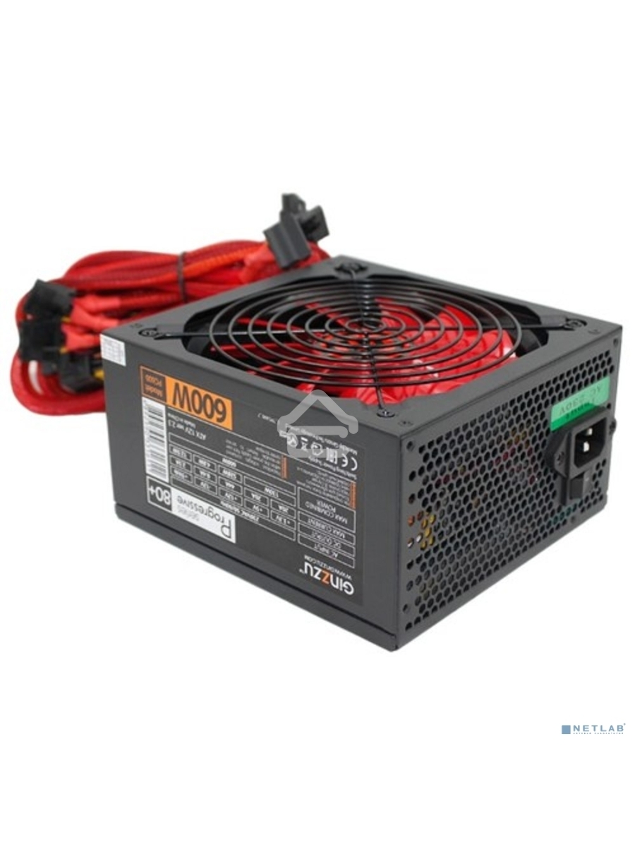 Блок питания Ginzzu PC600 Red, 600Вт, 80 PLUS, 140мм, черный / красный