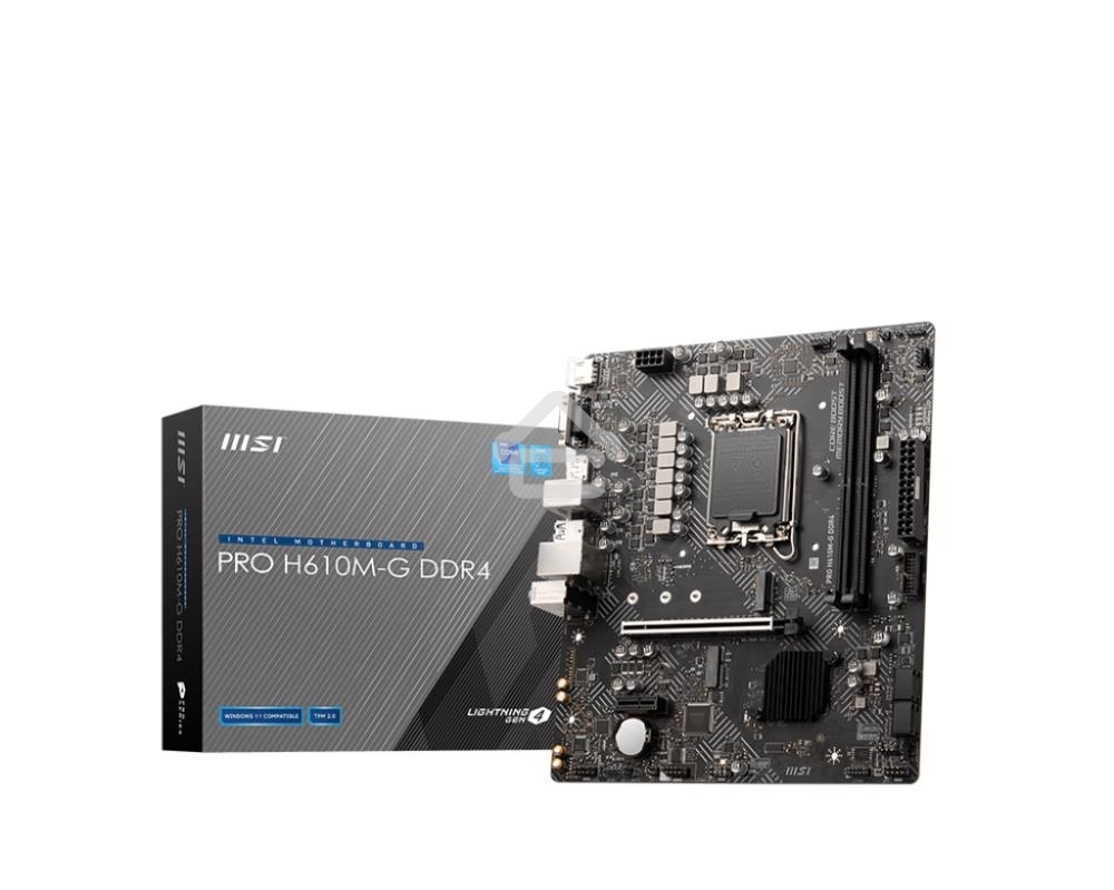 Материнская плата MSI PRO H610M-G DDR4, LGA 1700, Intel H610, 2xDDR4, 4xSATA, 1xM.2, 1xPCIe 4.0 x16, 1xPCIe 3.0 x1, 1xHDMI, 1xDP, 1xVGA, 1xRJ45 1Gb, 2xUSB-A 3.2 Gen 1, 4xUSB-A 2.0, 3x3.5мм, 7.1, mATX