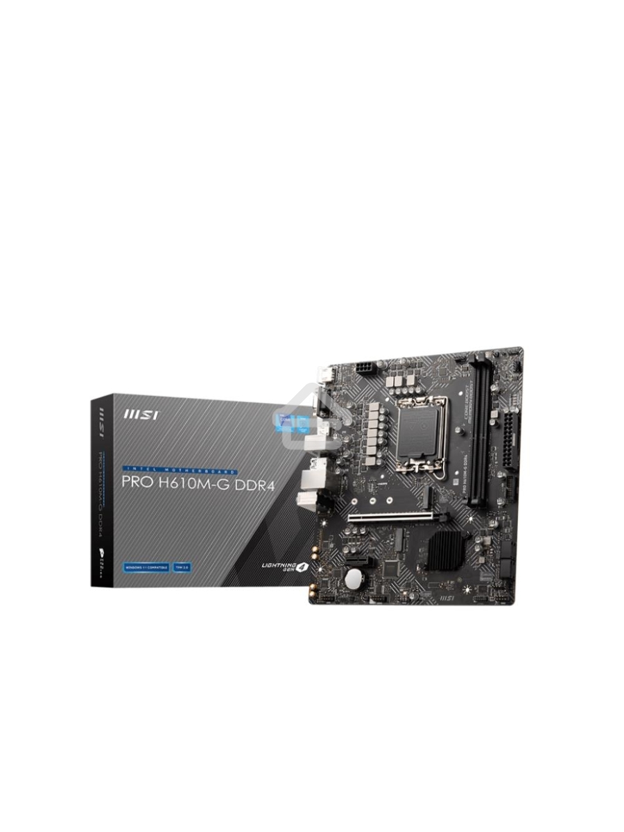 Материнская плата MSI PRO H610M-G DDR4, LGA 1700, Intel H610, 2xDDR4, 4xSATA, 1xM.2, 1xPCIe 4.0 x16, 1xPCIe 3.0 x1, 1xHDMI, 1xDP, 1xVGA, 1xRJ45 1Gb, 2xUSB-A 3.2 Gen 1, 4xUSB-A 2.0, 3x3.5мм, 7.1, mATX