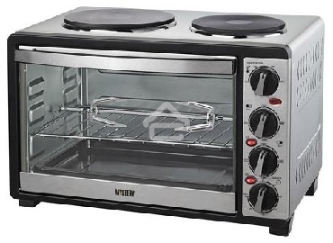 Мини-печь Mystery MOT-3330 (нержавеющая сталь, 1500 Вт, 2 конфорки, гриль, съемный вертел)