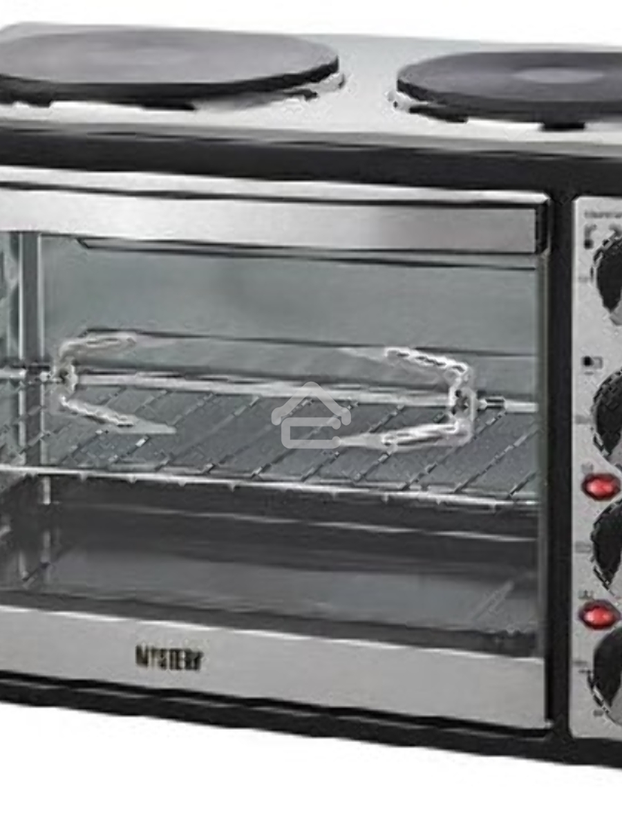 Мини-печь Mystery MOT-3330 (нержавеющая сталь, 1500 Вт, 2 конфорки, гриль, съемный вертел)