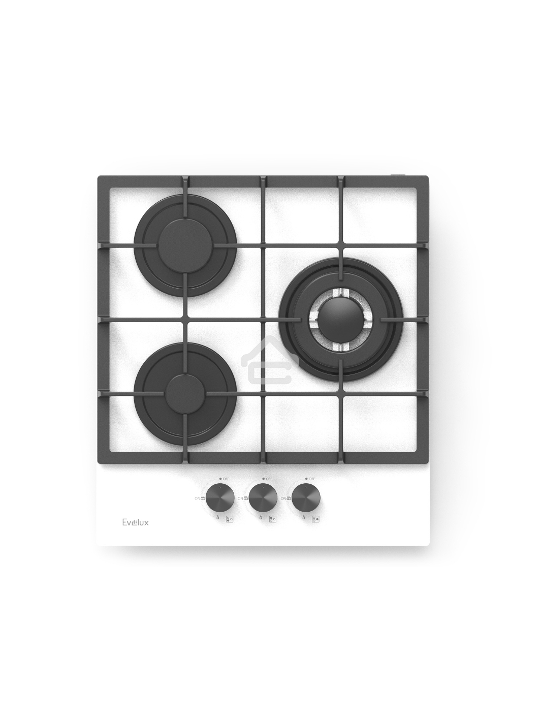 Газовая варочная панель Evelux HEG 425 WG Hi-Tech, 45 см, 3 конфорки, WOK-конфорка, чугунные решетки, газ-контроль, электроподжиг, механическое управление, белый