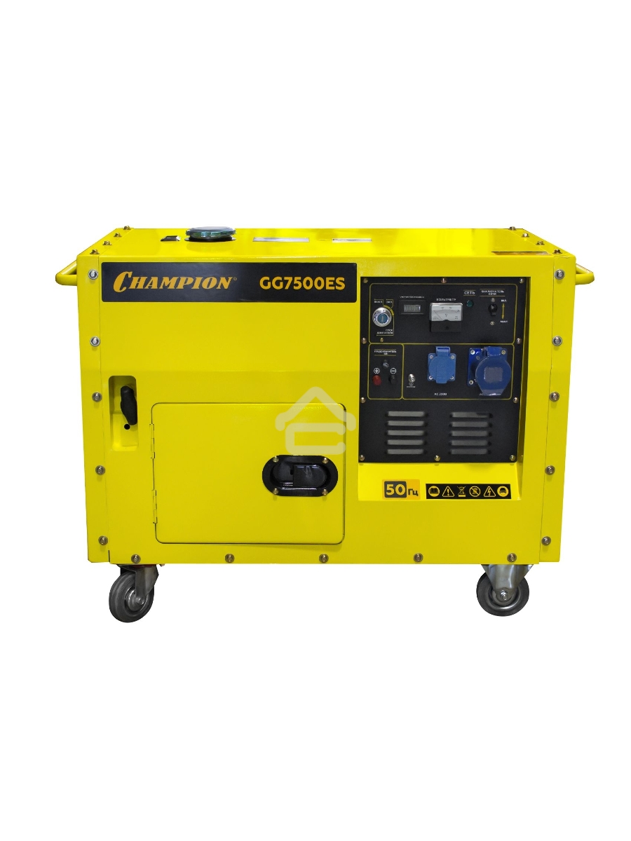 ГенераторCHAMPION GG7500ES5.5/6кВт OHV420 16лс 15л 126кг 2.5л/ч 12V эл.старт колеса шумозащита