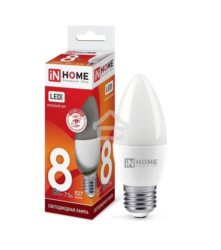 Лампа светодиодная LED-СВЕЧА-VC 8Вт 230В E27 6500К 720лм IN HOME 4690612024820