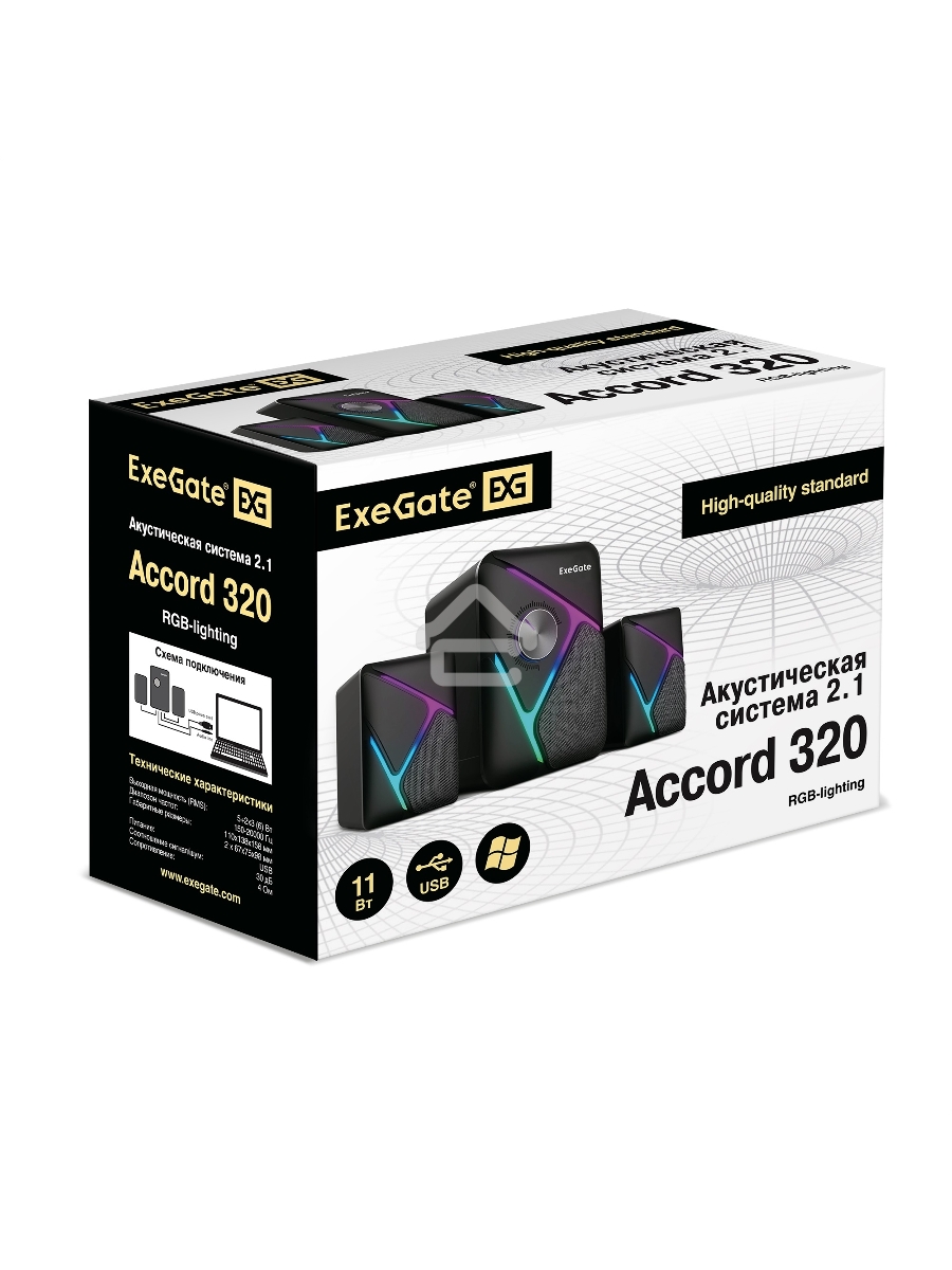 Акустическая система 2.1 ExeGate EX289867RUS Accord 320 (питание USB, 5Вт+2х3Вт, 150-20000Гц, цвет черный, RGB подсветка)