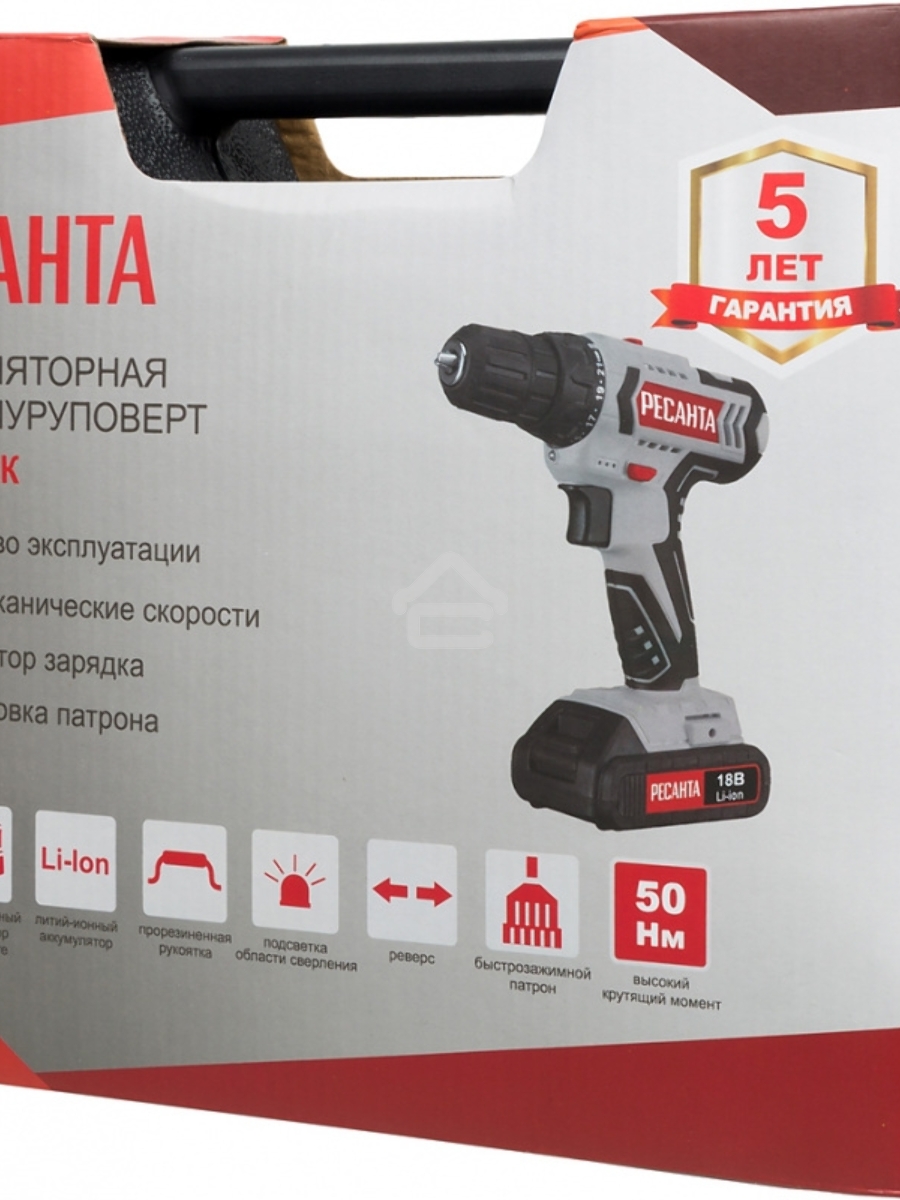 Дрель-шуруповерт Ресанта ДА-18-2ЛК 75/14/5, Аккумуляторная, 18В, 2 АКБ, Кейс