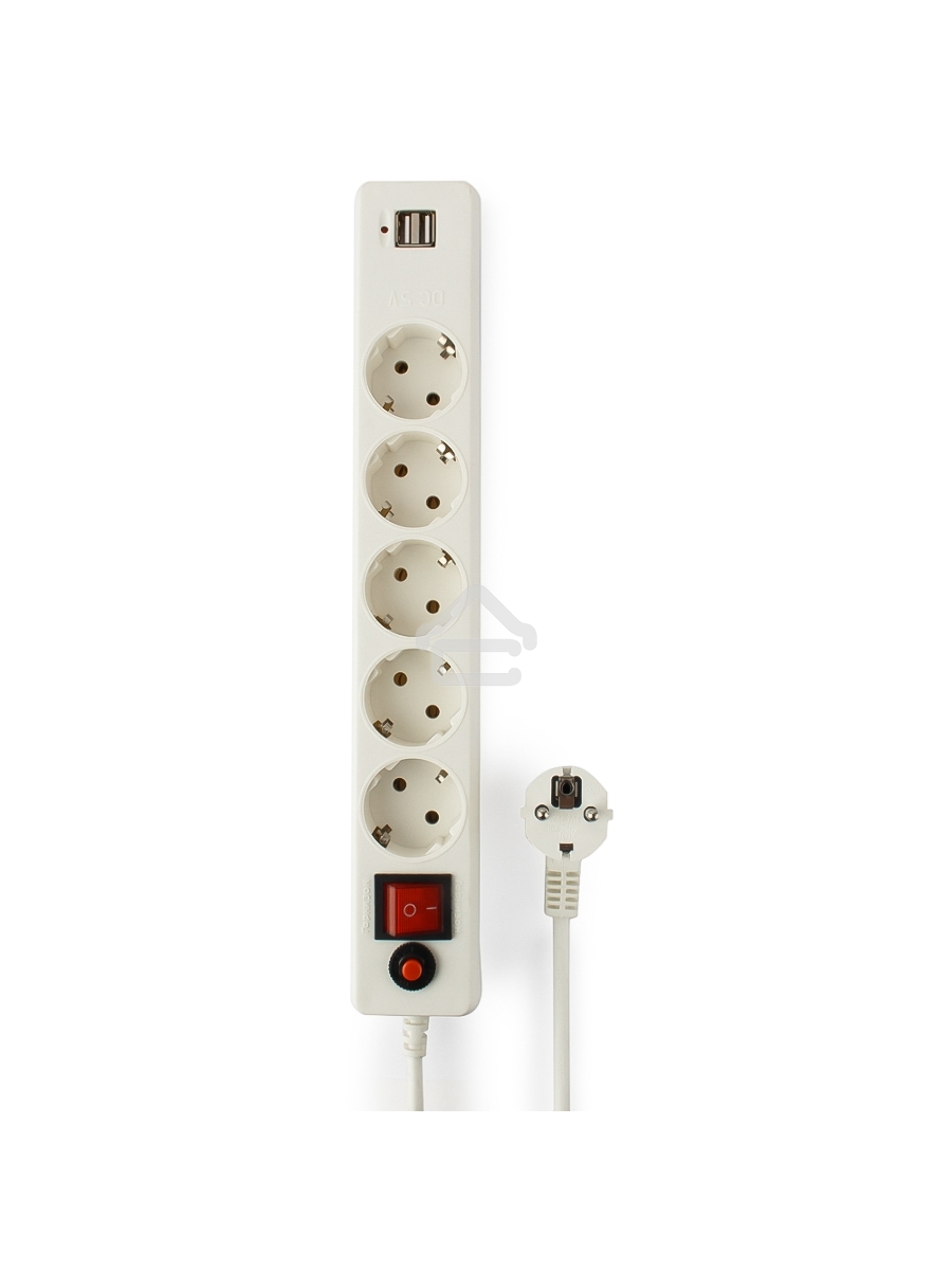 Сетевой фильтр Гарнизон 5р, 10А, 2xUSB, 1.8м, ур.защиты 4, белый, пакет