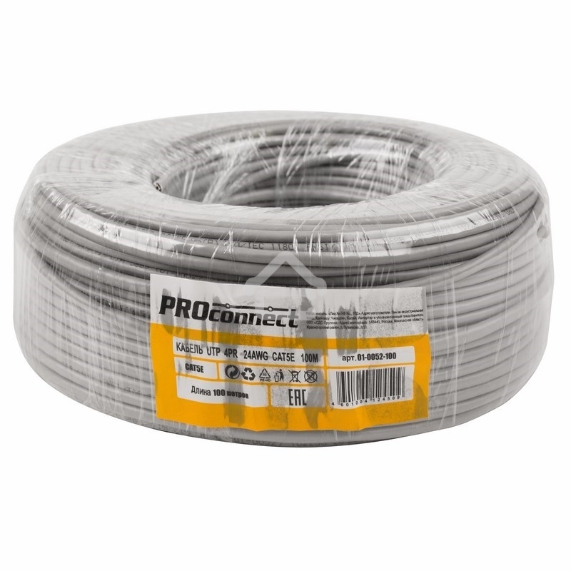 Кабель UTP PROconnect 4PR 24AWG, CU (медь), CAT5E, 100 МГц, PVC, серый, бухта 100 м