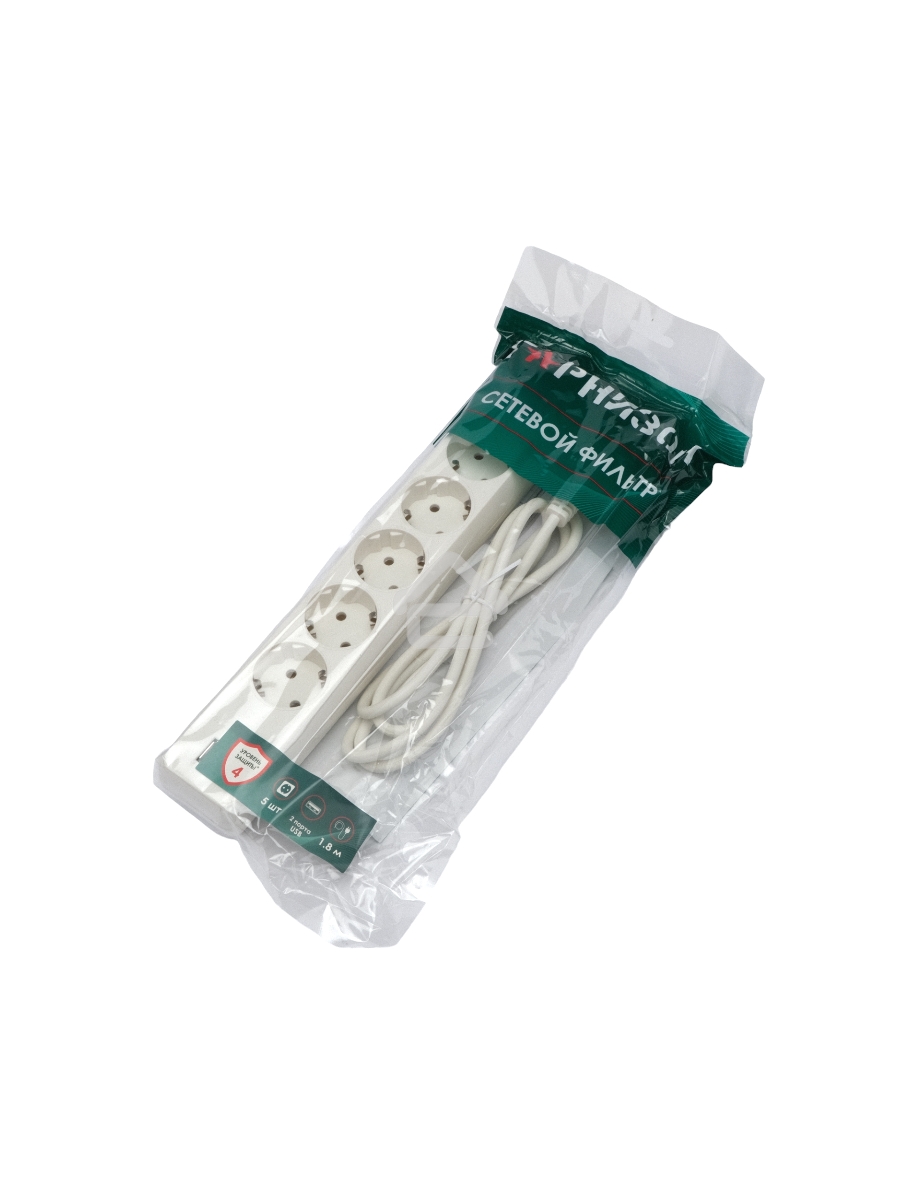 Сетевой фильтр Гарнизон 5р, 10А, 2xUSB, 1.8м, ур.защиты 4, белый, пакет