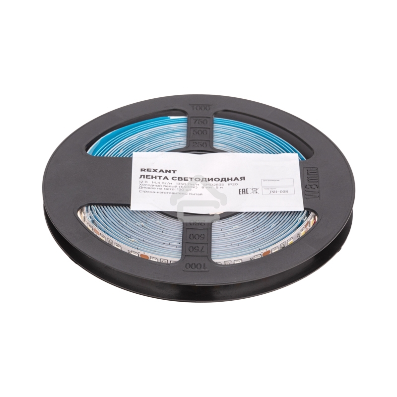 Лента светодиодная 12В, SMD2835, 14,4Вт/м, 120 LED/м, 6500K, 8мм, 5м, IP20 Rexant