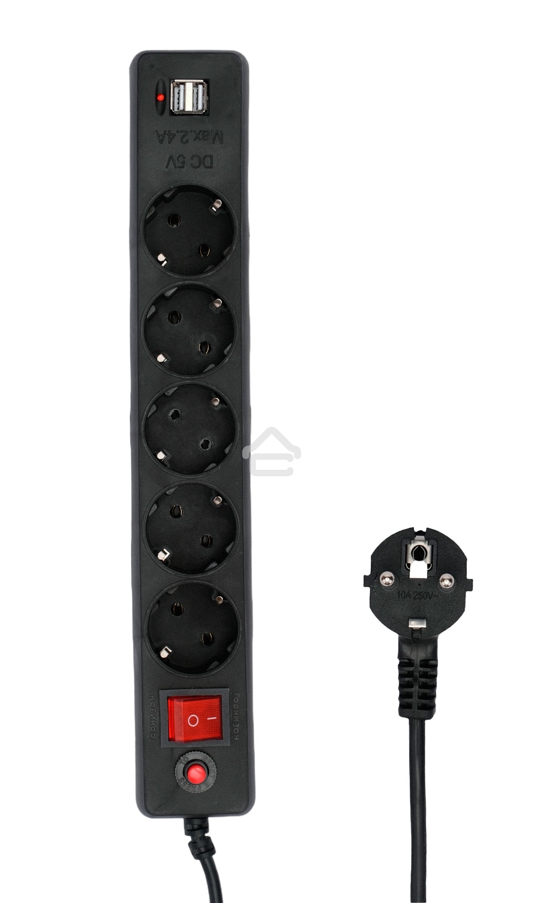 Сетевой фильтр Гарнизон 5 р, 10А, 2xUSB, 1.8 м, ур.защиты 4, черный, пакет