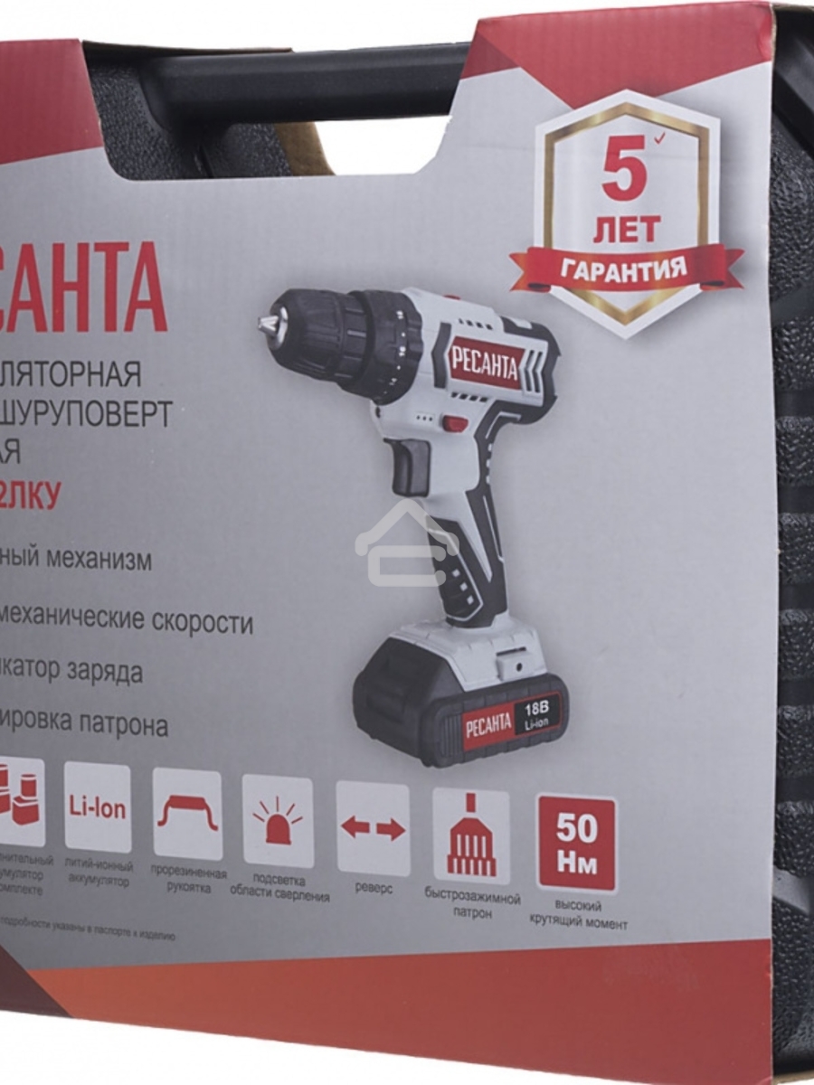 Дрель-шуруповерт Ресанта ДА-18-2ЛК-У 75/14/6, Аккумуляторная, 18В, 2 АКБ, Ударная, Кейс