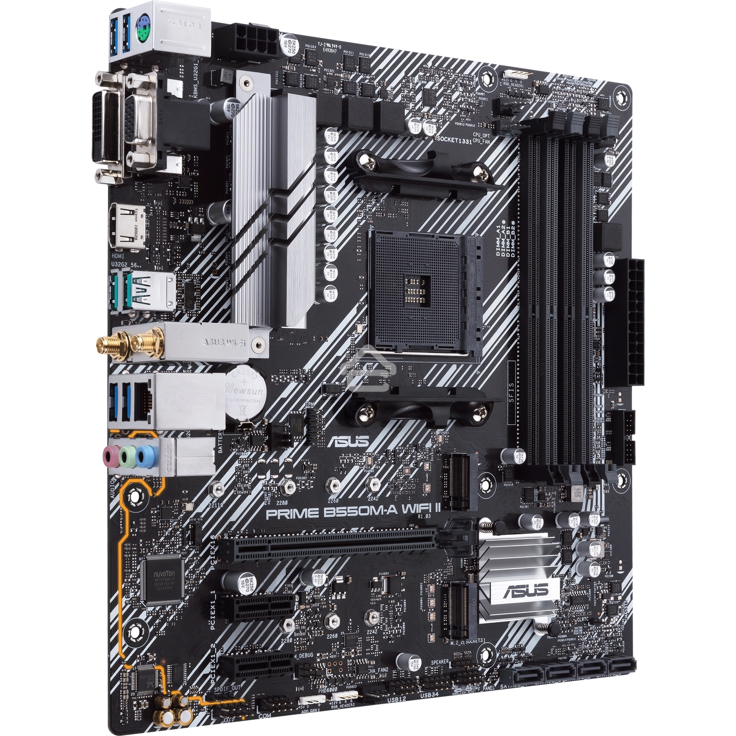 Материнская плата ASUS PRIME B550M-A WIFI II, AM4, AMD B550, 4xDDR4, 4xSATA, 2xM.2, 1xPCI-E 4.0 x16, 2xPCI-E x1, 1xDVI-D, 1xHDMI, 1xVGA, 1x 1Gb LAN, 2xUSB-A 3.2 Gen 2, 4xUSB-A 3.2 Gen 1, 3x3.5 мм, 7.1, Micro-ATX