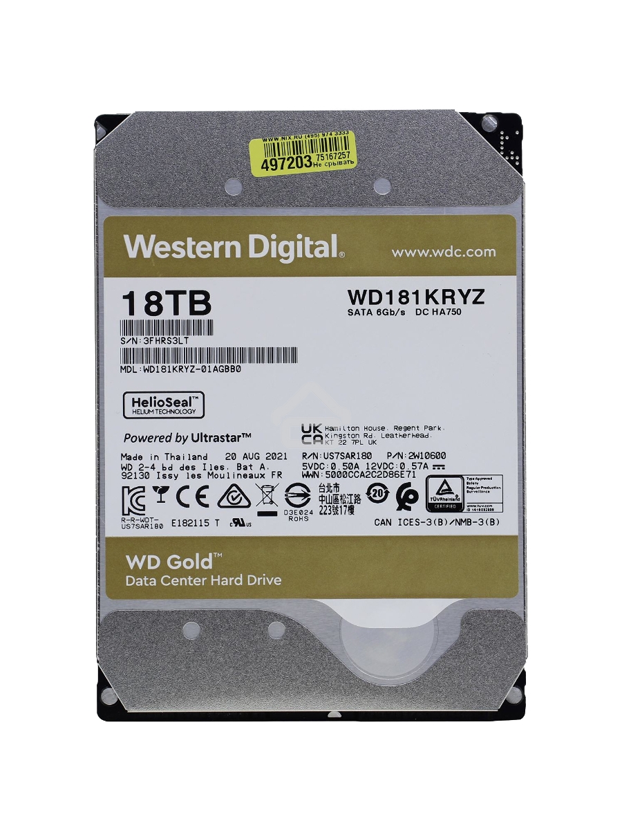 Жесткий диск Western Digital SATA 18TB 7200RPM 6GB/S 512MB GOLD WD181KRYZ