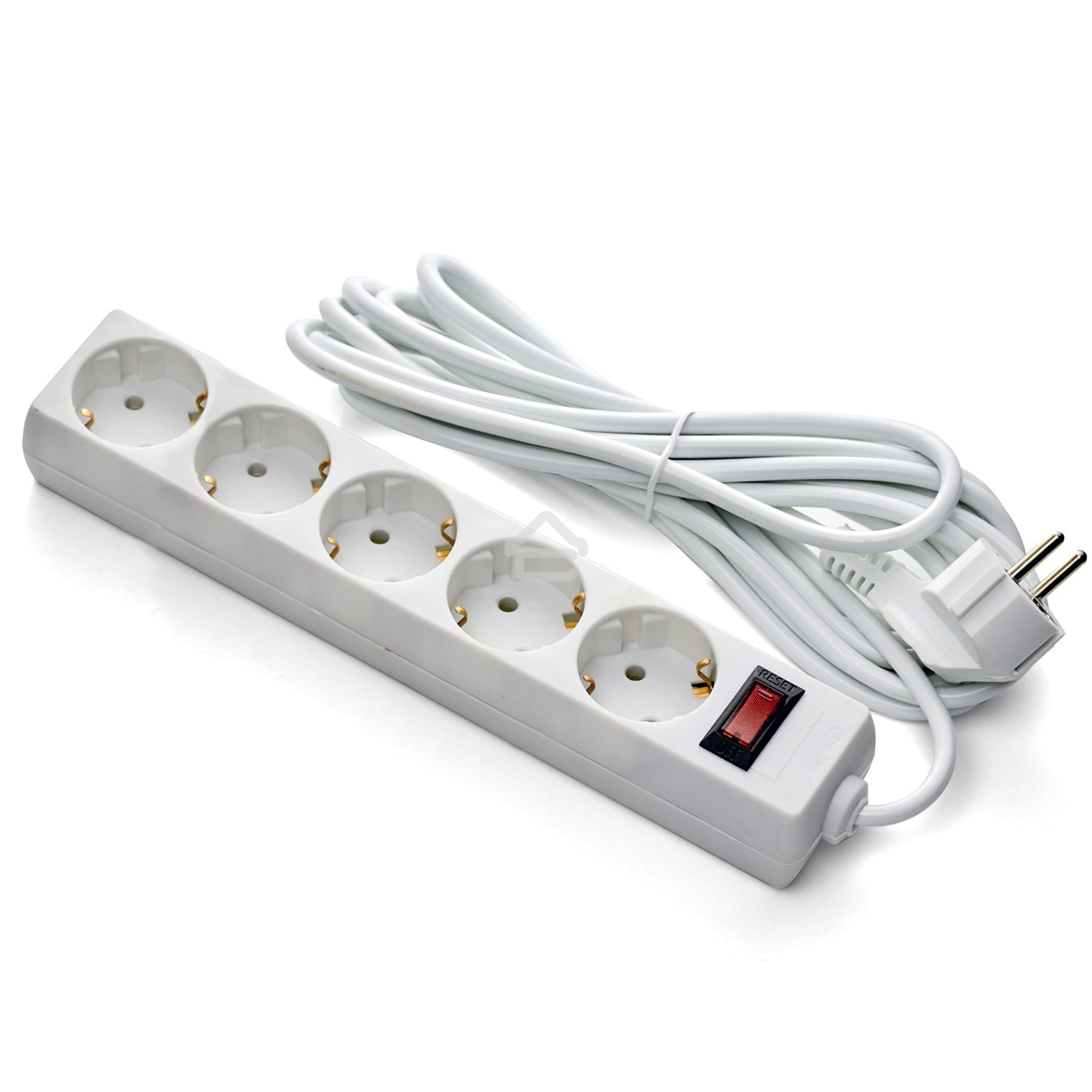 Удлинитель ExeGate EC-5-5W (EX279359RUS), белый, 5 м, евровилка с заземлением, 5 евророзеток с заземлением, 2200 Вт