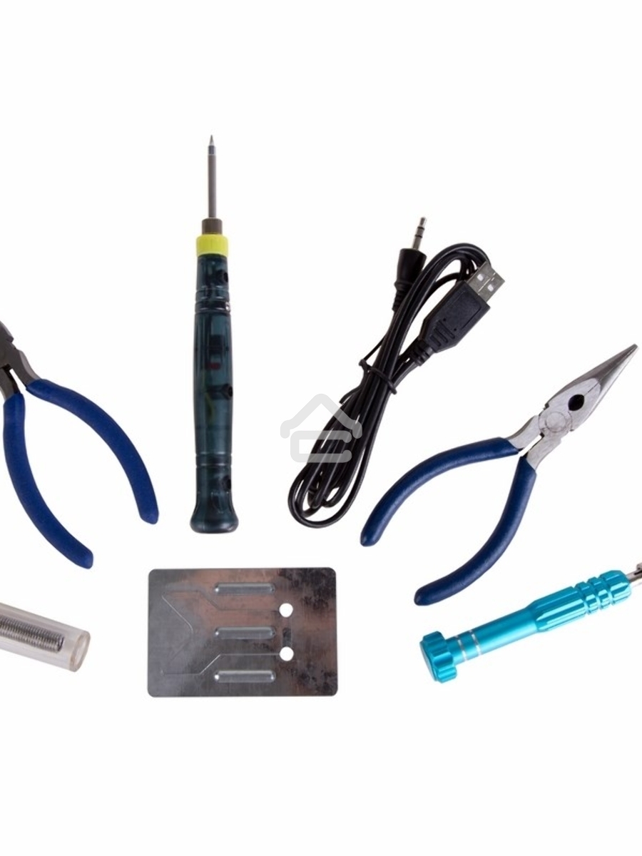 Набор для пайки Rexant (USB паяльник 8 Вт, кусачки, тонкогубцы, подставка, припой, отвертка)