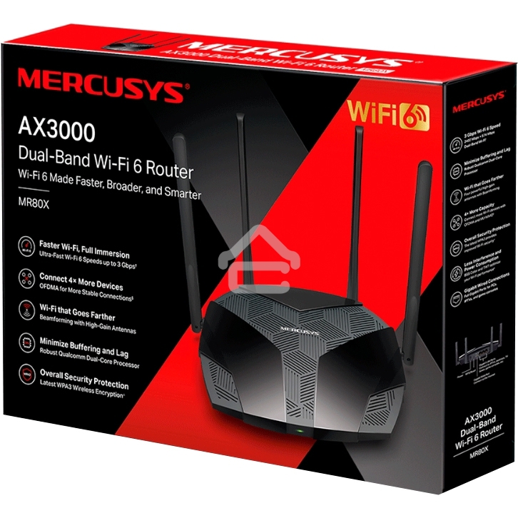 Двухдиапазонный роутер MERCUSYS AX3000 Wi-Fi 6, до 574 Мбит/с на 2,4 ГГц + до 2402 Мбит/с на 5 ГГц,4 фиксированные внешние антенны, 3 гигабитных порта LAN, 1 гигабитный порт WAN