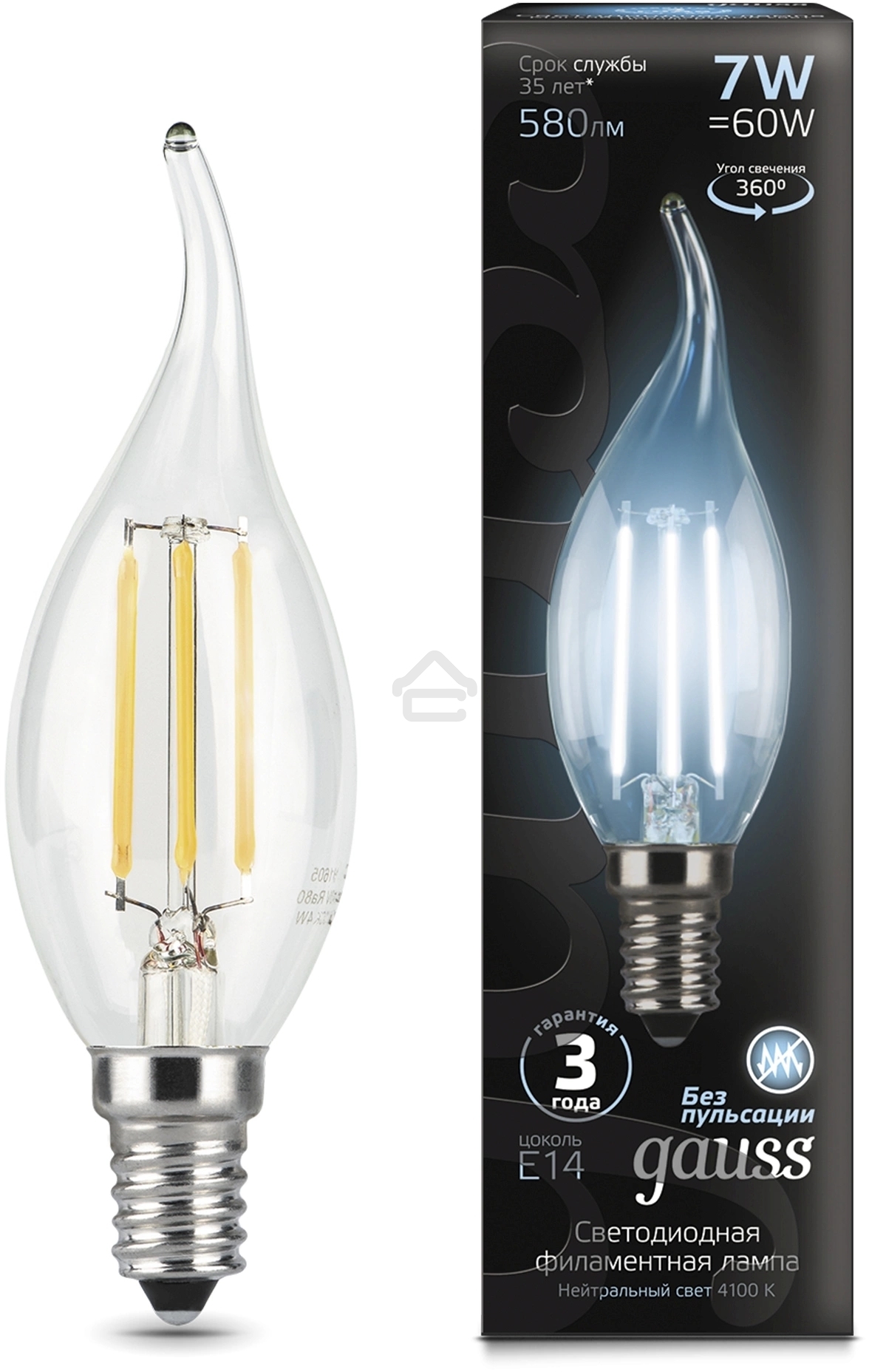 Светодиодная лампа GAUSS 104801207 LED Filament Свеча на ветру E14 7W 580lm 4100К 1/10/50