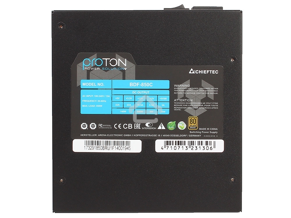 Блок питания Chieftec Proton BDF-850C, 850Вт, 80 PLUS Bronze, 140мм, модульный, черный