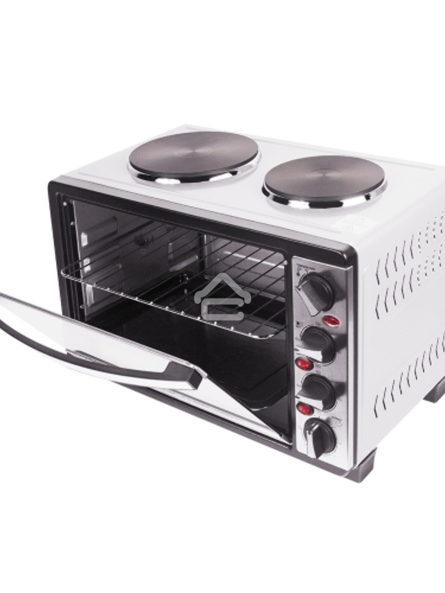 Мини-печь Mystery MOT-3330 (нержавеющая сталь, 1500 Вт, 2 конфорки, гриль, съемный вертел)