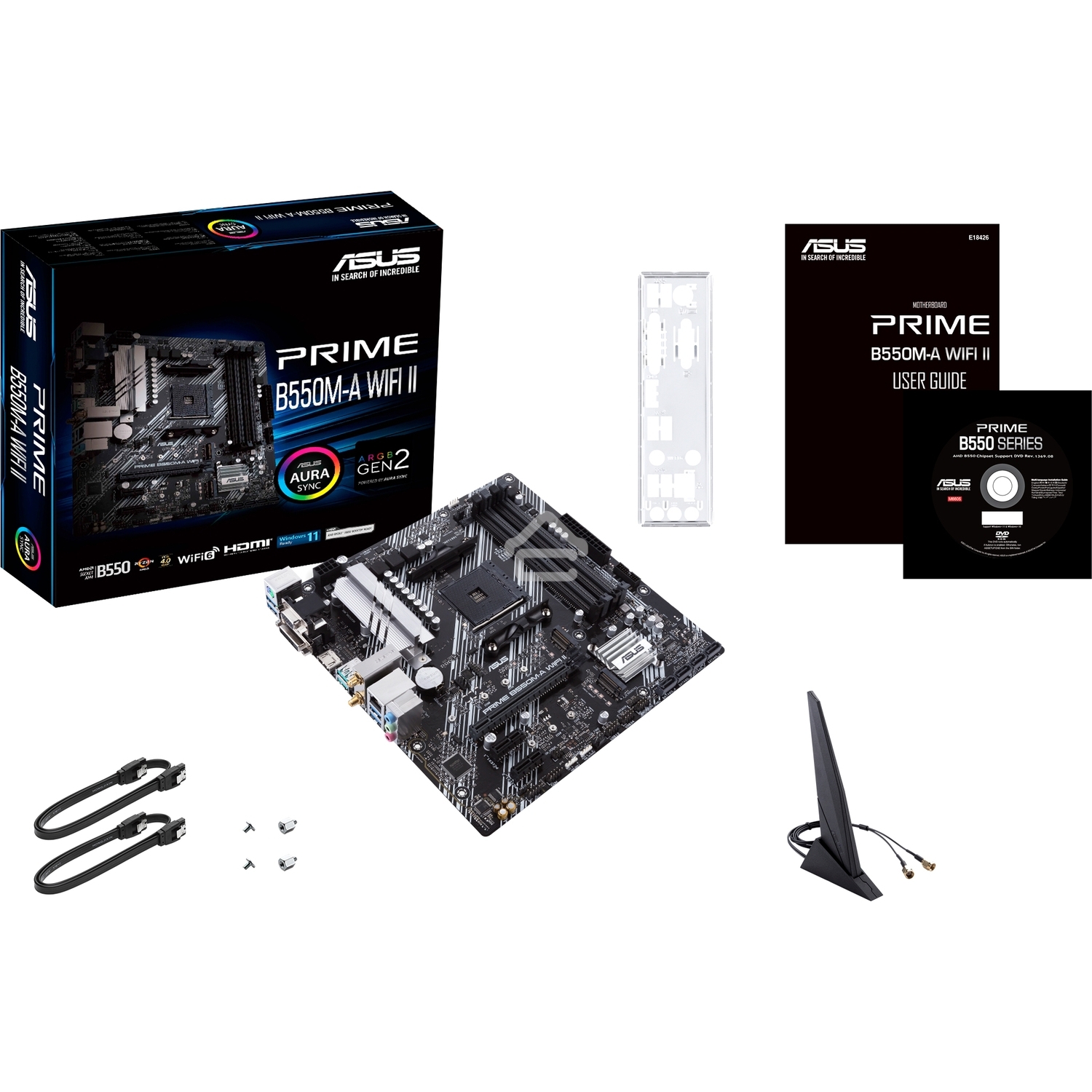 Материнская плата ASUS PRIME B550M-A WIFI II, AM4, AMD B550, 4xDDR4, 4xSATA, 2xM.2, 1xPCI-E 4.0 x16, 2xPCI-E x1, 1xDVI-D, 1xHDMI, 1xVGA, 1x 1Gb LAN, 2xUSB-A 3.2 Gen 2, 4xUSB-A 3.2 Gen 1, 3x3.5 мм, 7.1, Micro-ATX