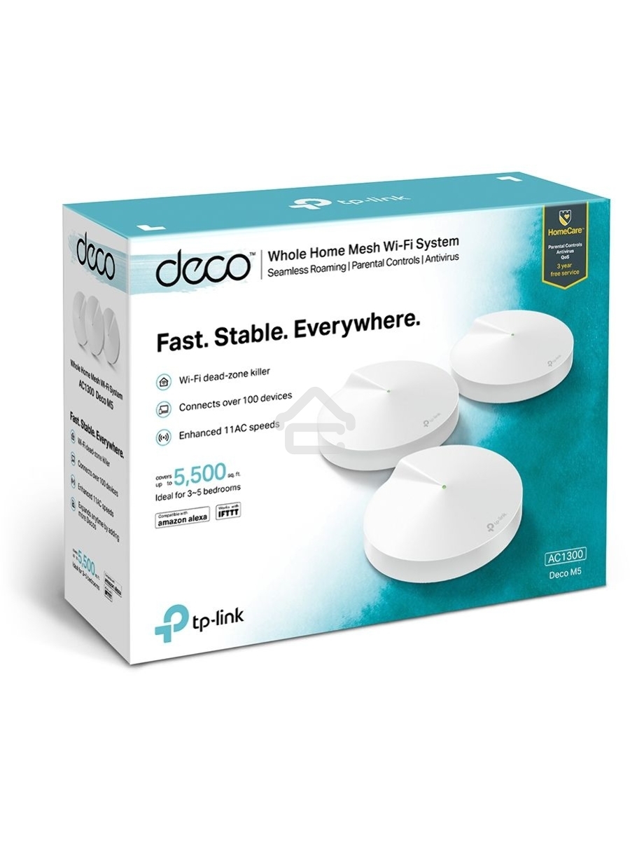 Маршрутизатор TP-Link TP-Link DECO M5(3-PACK) AC1300 Домашняя Wi-Fi система, чипсет Qualcomm, два диапазона (Dual-Band), поддержка стандартов 802.11ac/a/b/g/n, 717 МГц четырёхъядерный процессор, Bluetooth 4.2, 2 гигабитных порта Ethernet, 1 порт USB Type-