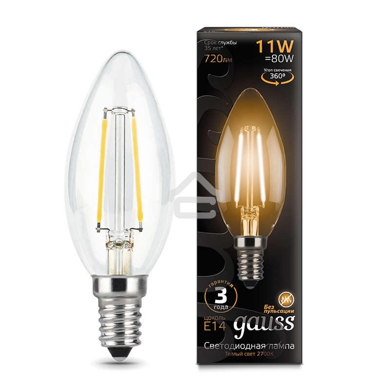 Лампа светодиодная Gauss LED Filament Свеча E14 11W 720lm 2700К 1/10/50