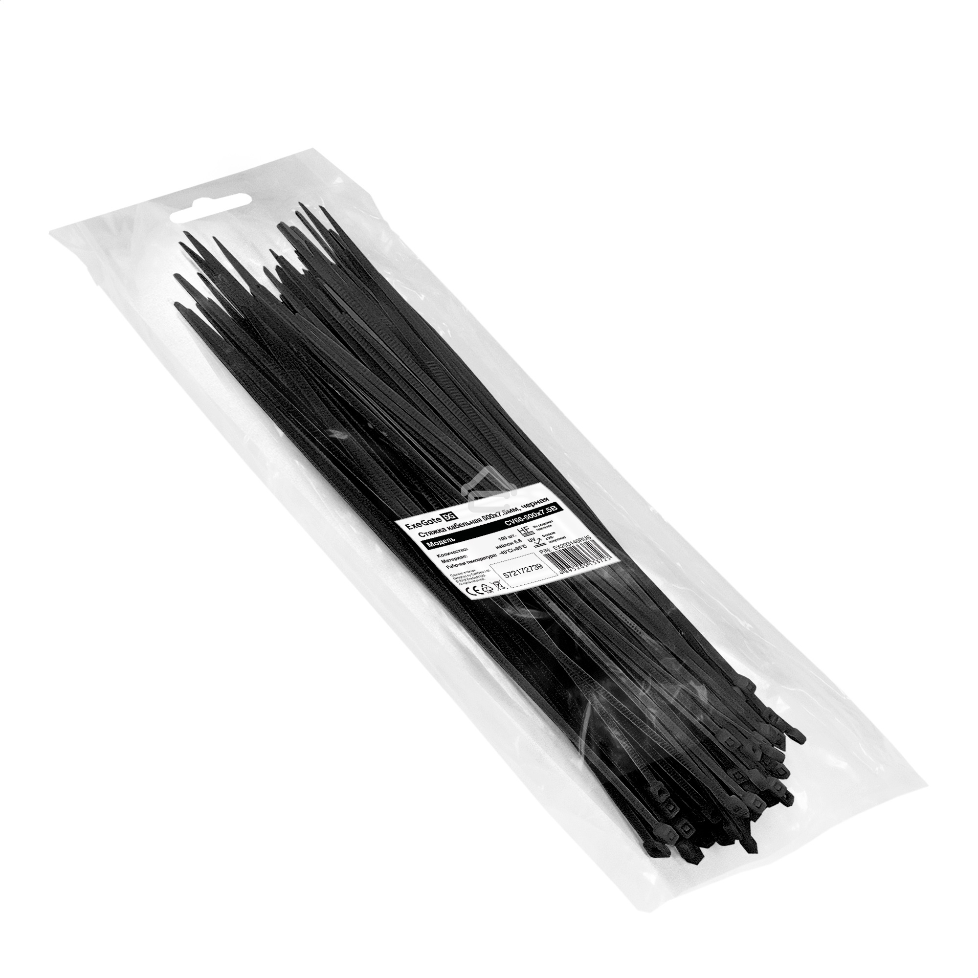 Стяжка (хомут) нейлоновая ExeGate EX293140RUS CV66-500x7.5B (нейлон 6.6, 500x7.5 мм, неоткрывающаяся, halogen free, -40°C - +85°C, черная, 100 шт)